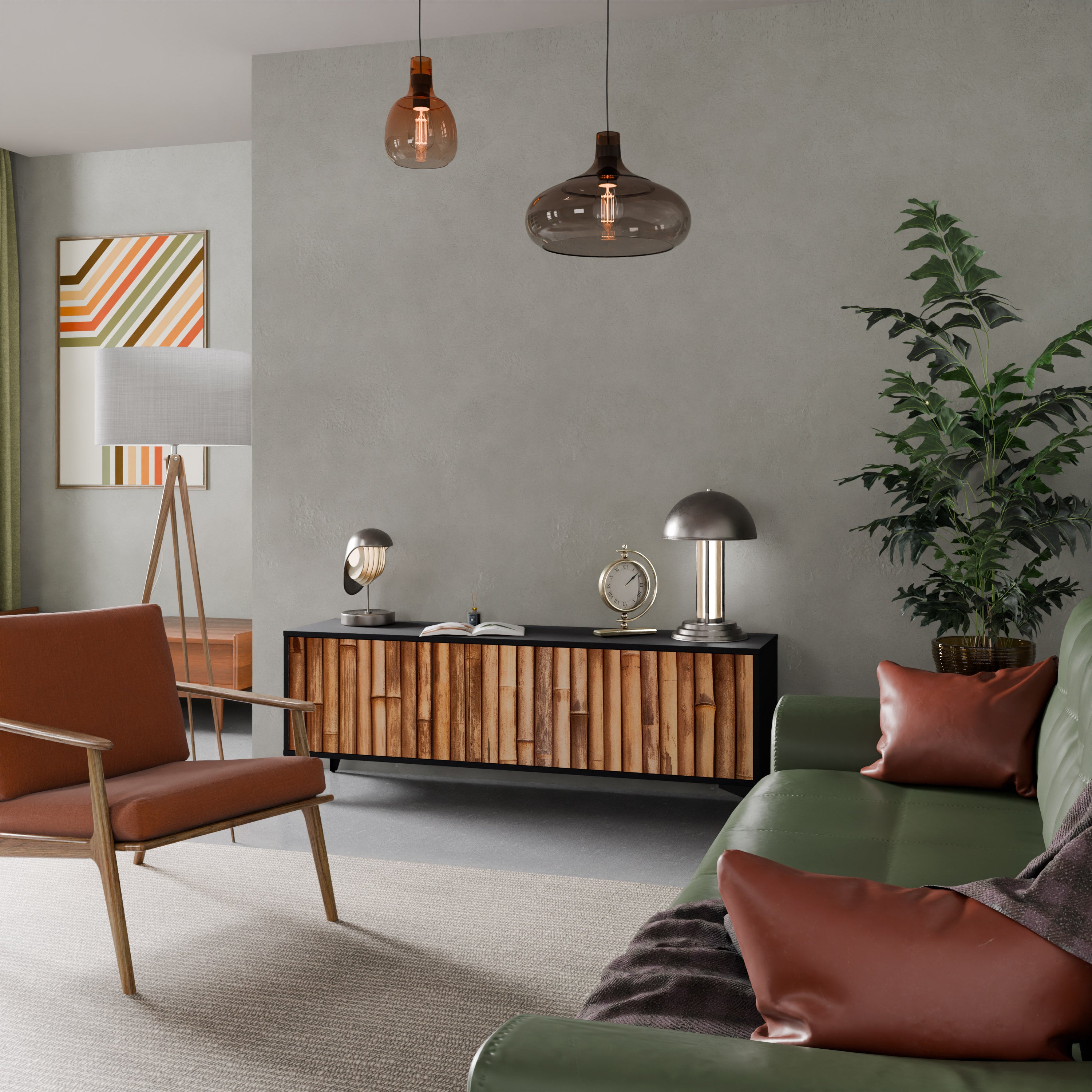 Mueble de TV de 3 puertas de madera natural con acabado negro