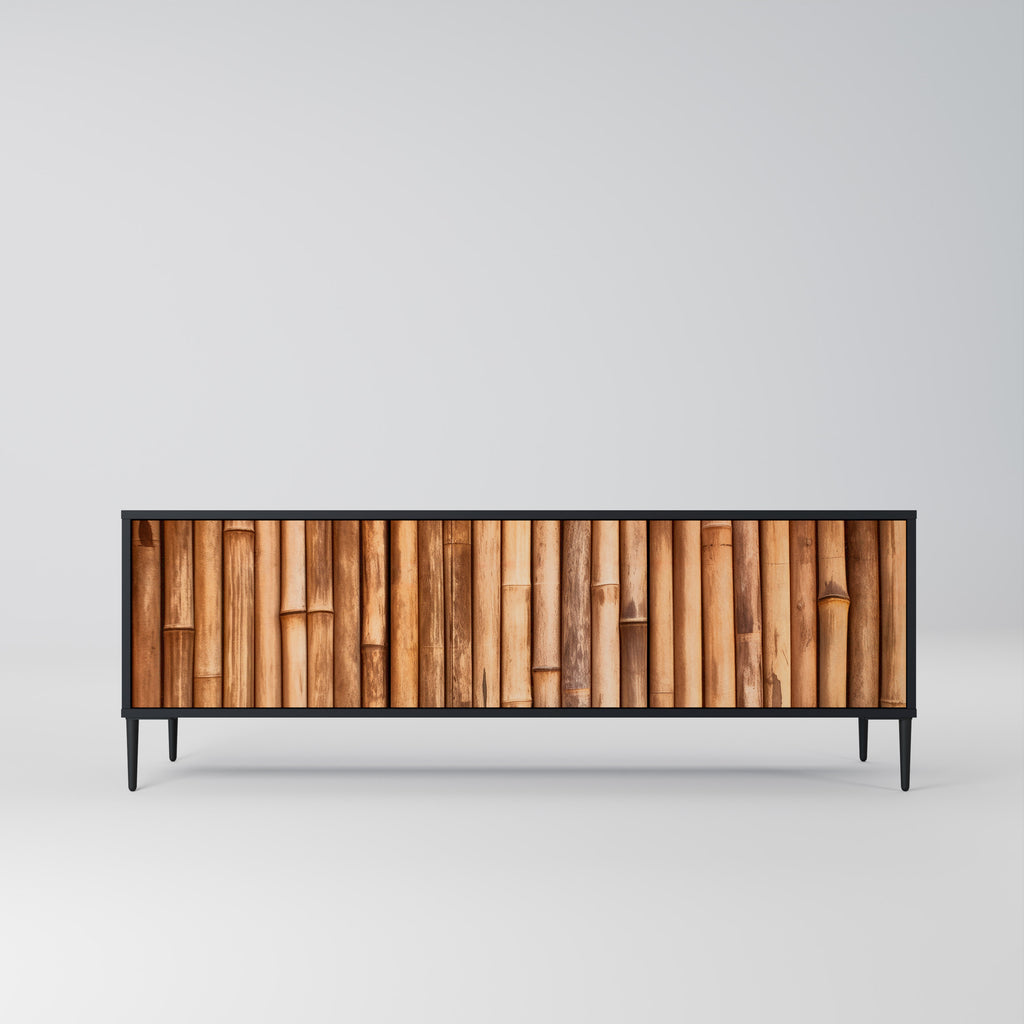 Mueble de TV de 3 puertas de madera natural con acabado negro