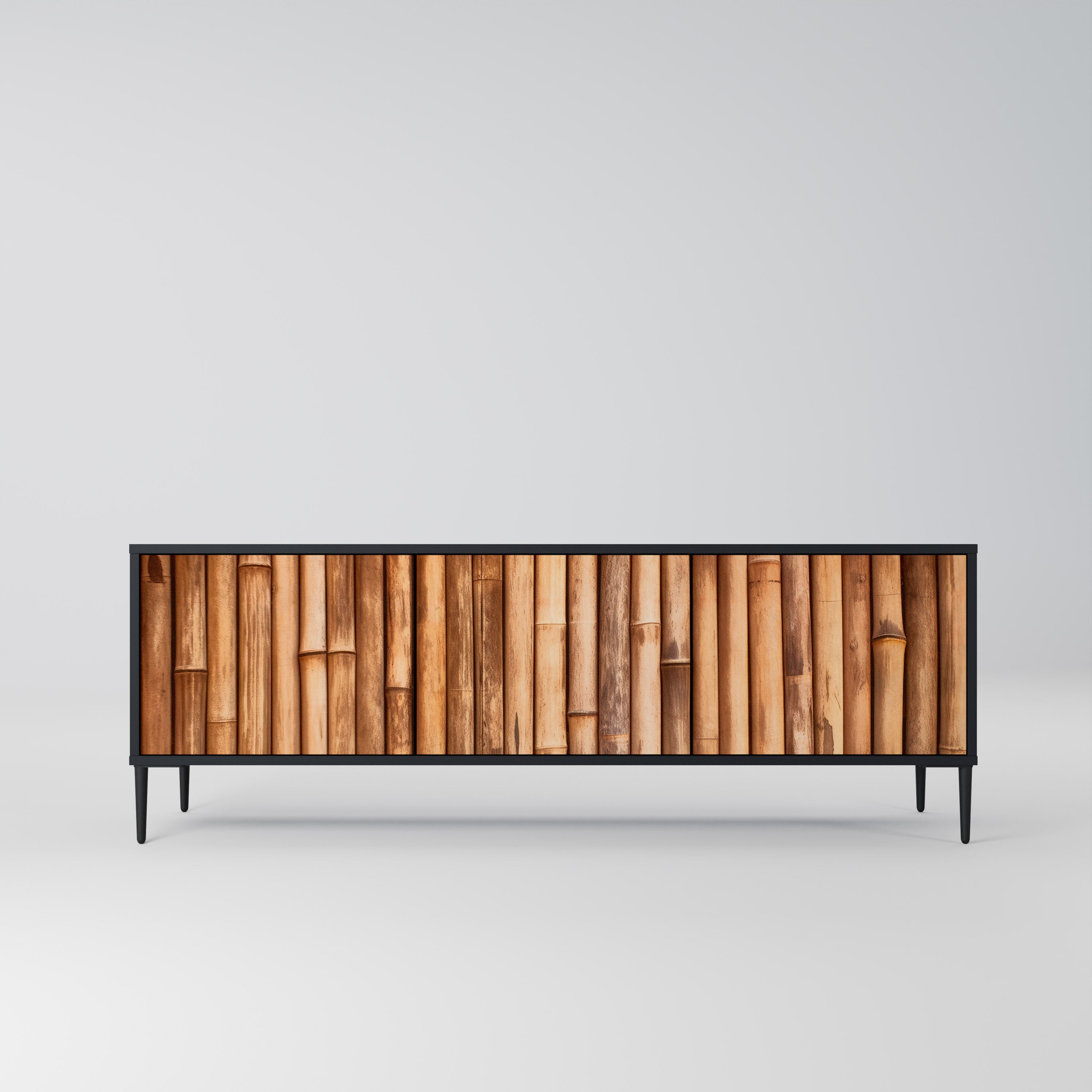 Mueble de TV de 3 puertas de madera natural con acabado negro