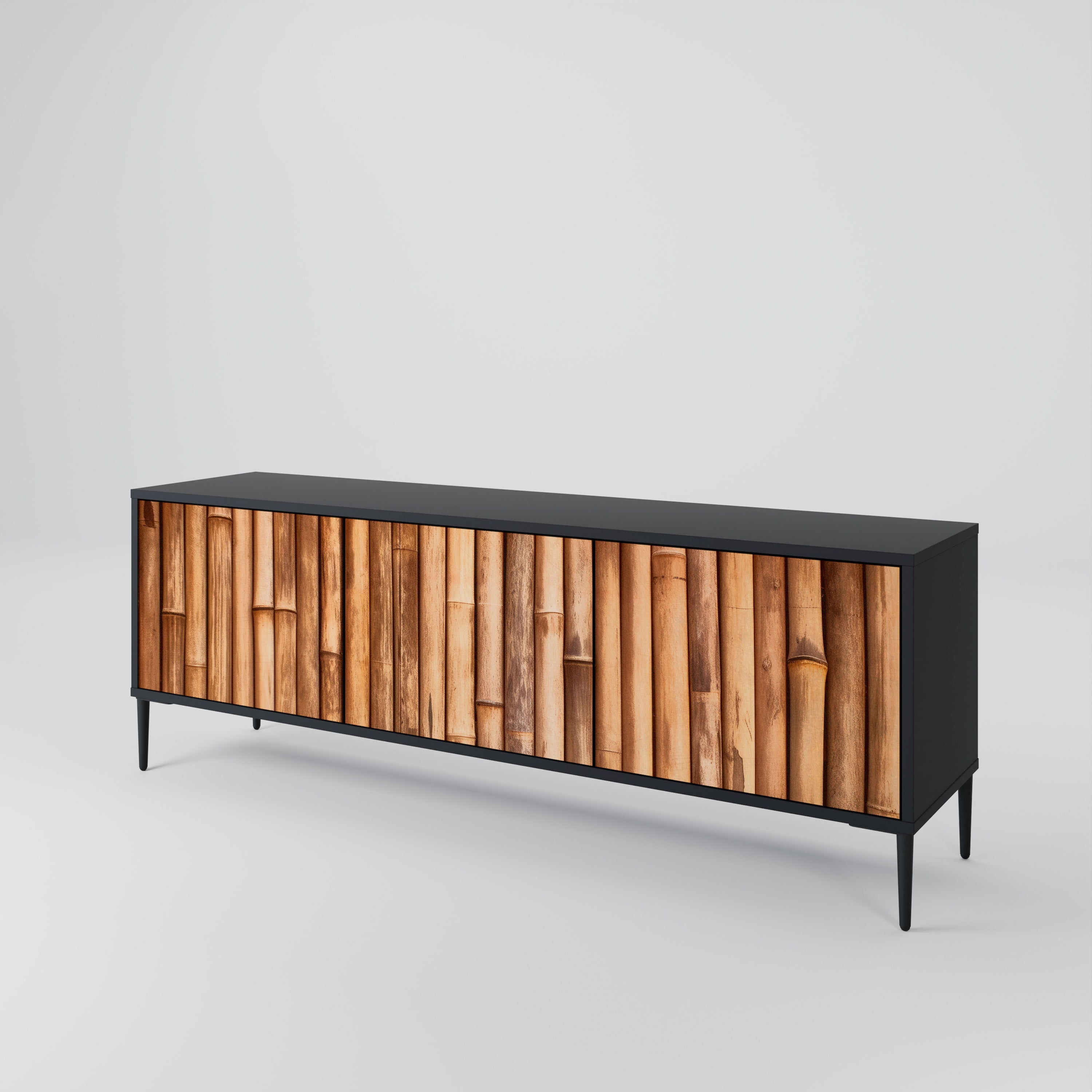 Mueble de TV de 3 puertas de madera natural con acabado negro