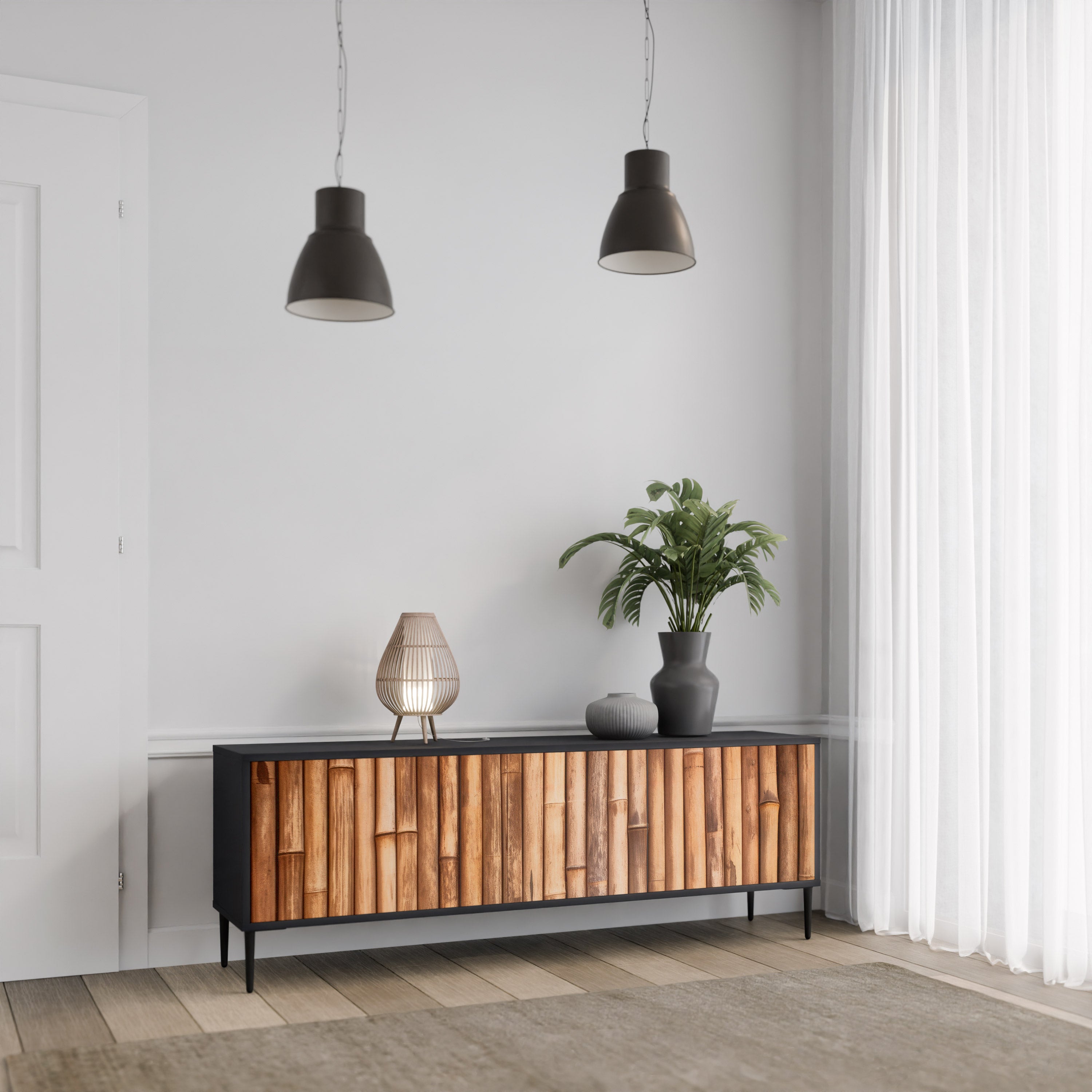 Mueble de TV de 3 puertas de madera natural con acabado negro