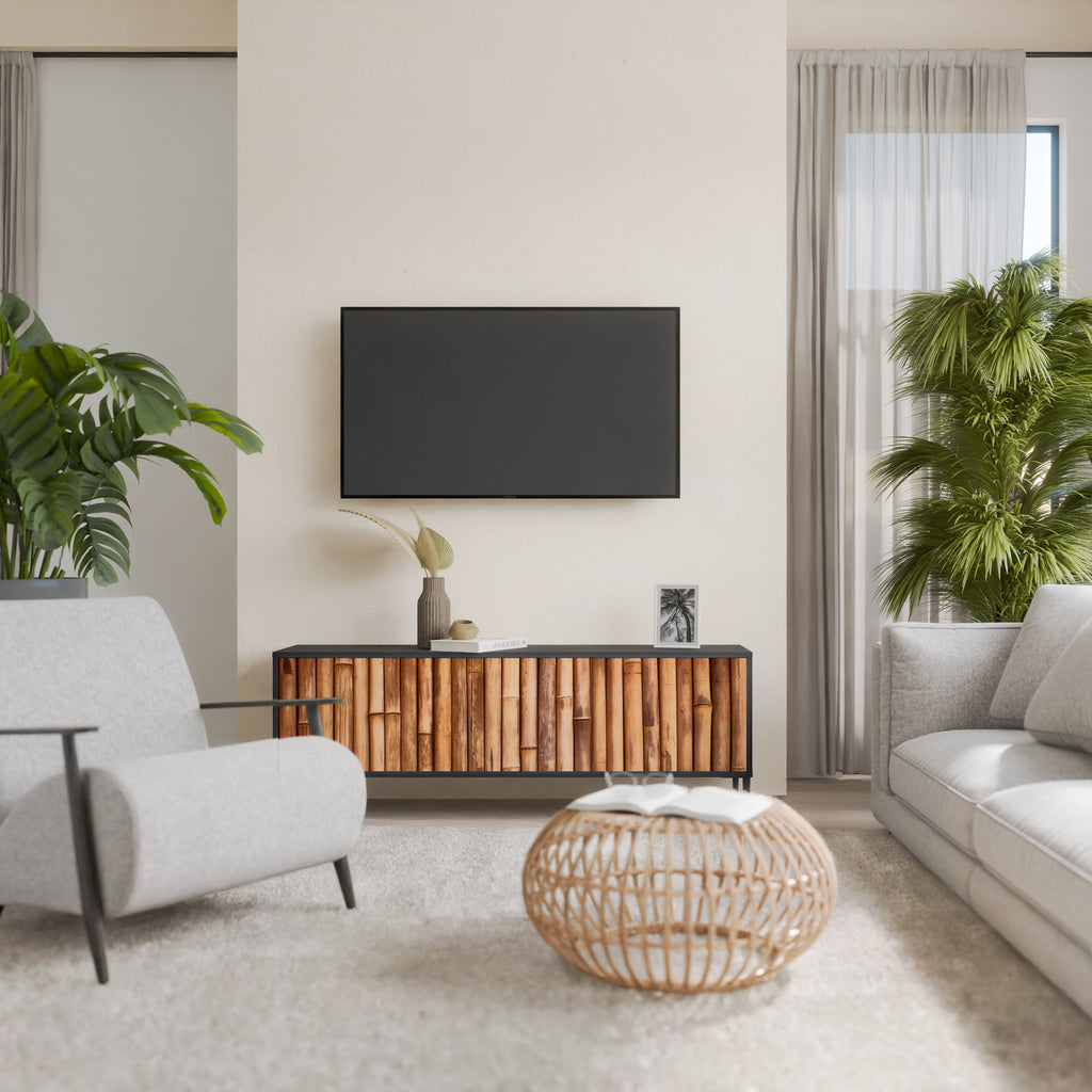 Mueble de TV de 3 puertas de madera natural con acabado negro