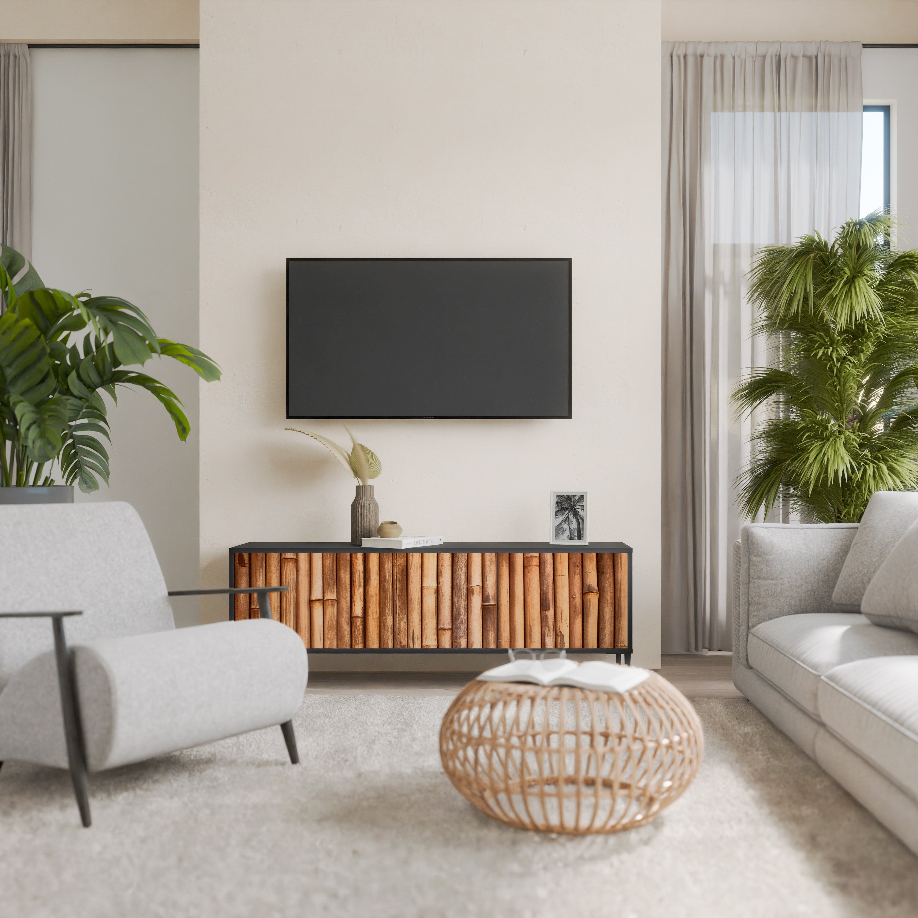 Mueble de TV de 3 puertas de madera natural con acabado negro