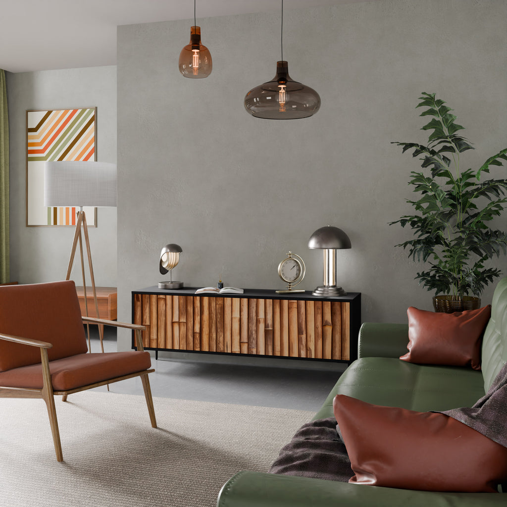 Mueble de TV de 3 puertas de madera natural con acabado negro
