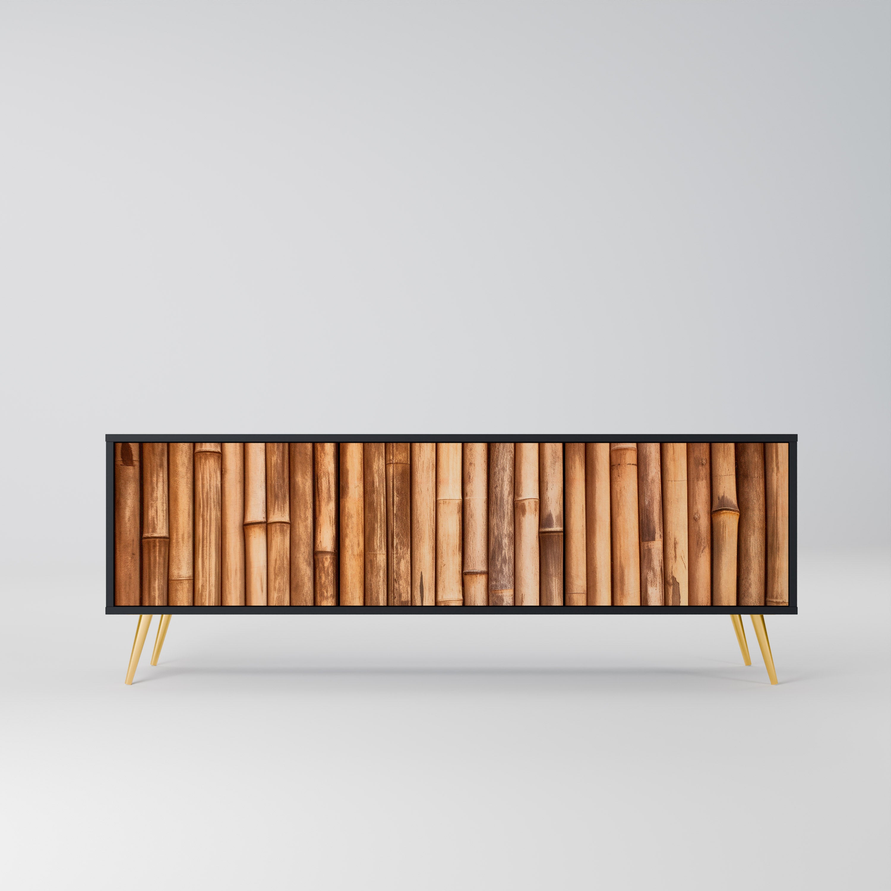 Mueble de TV de 3 puertas de madera natural con acabado negro