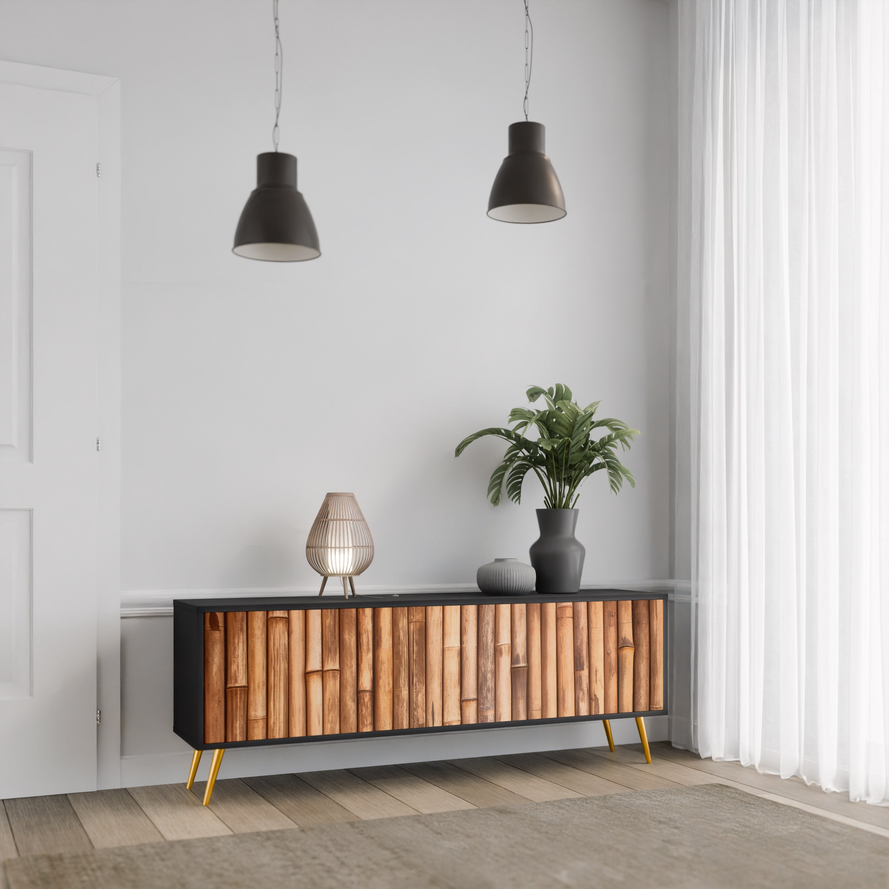 Mueble de TV de 3 puertas de madera natural con acabado negro
