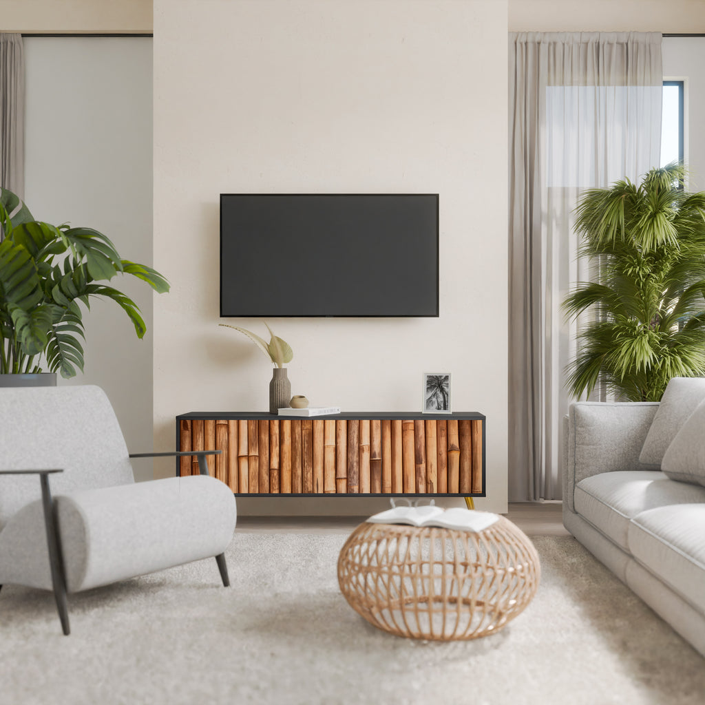 Mueble de TV de 3 puertas de madera natural con acabado negro