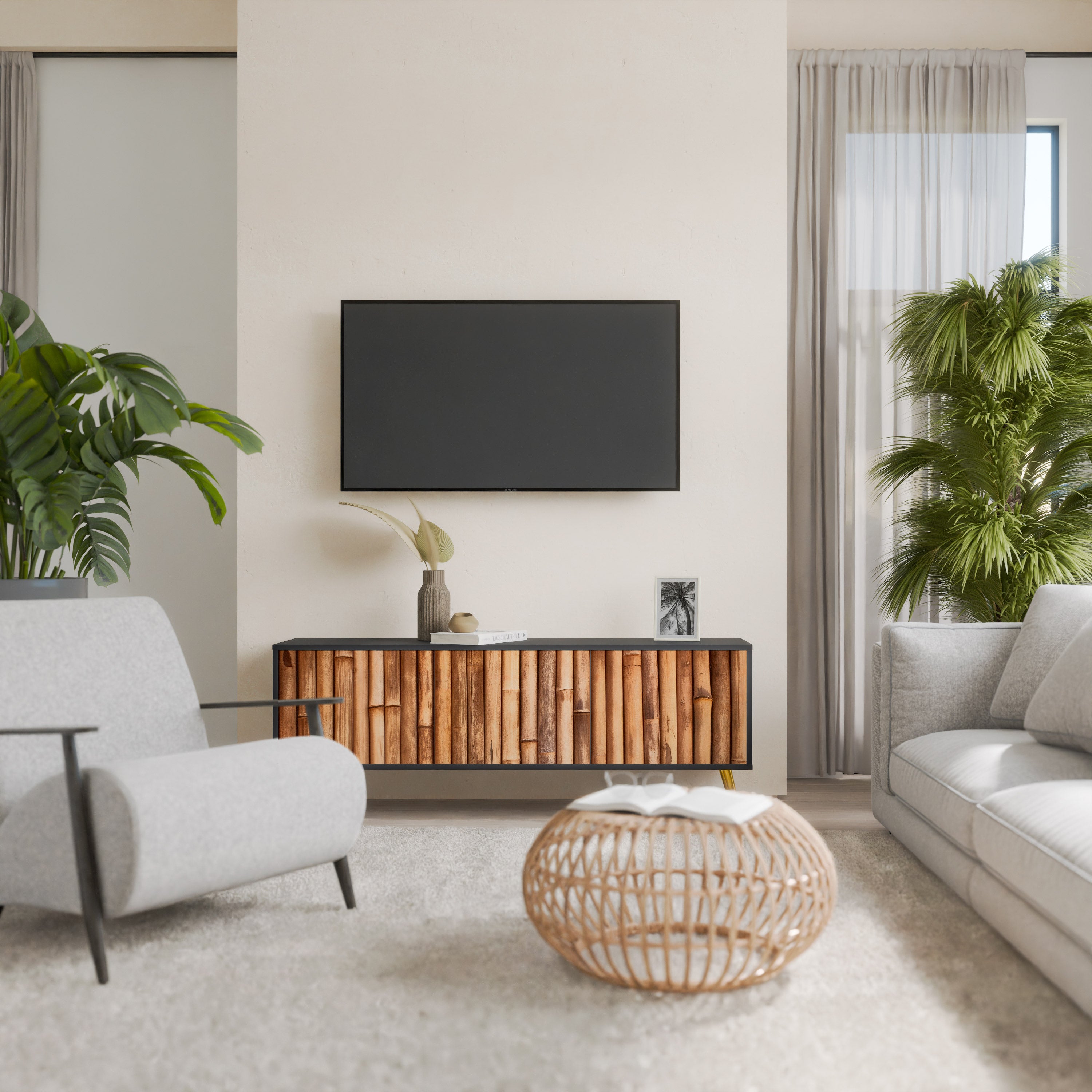 Mueble de TV de 3 puertas de madera natural con acabado negro