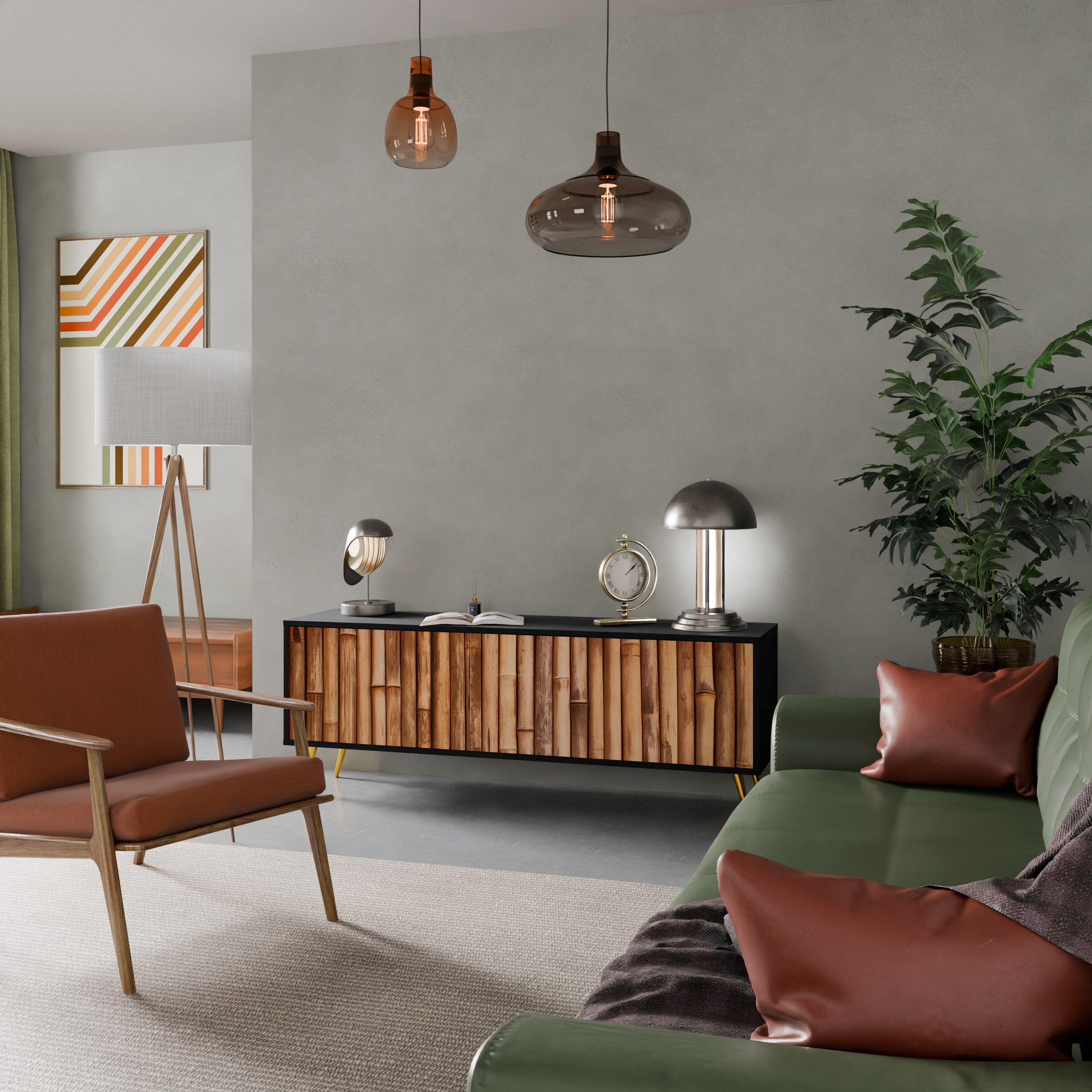 Mueble de TV de 3 puertas de madera natural con acabado negro