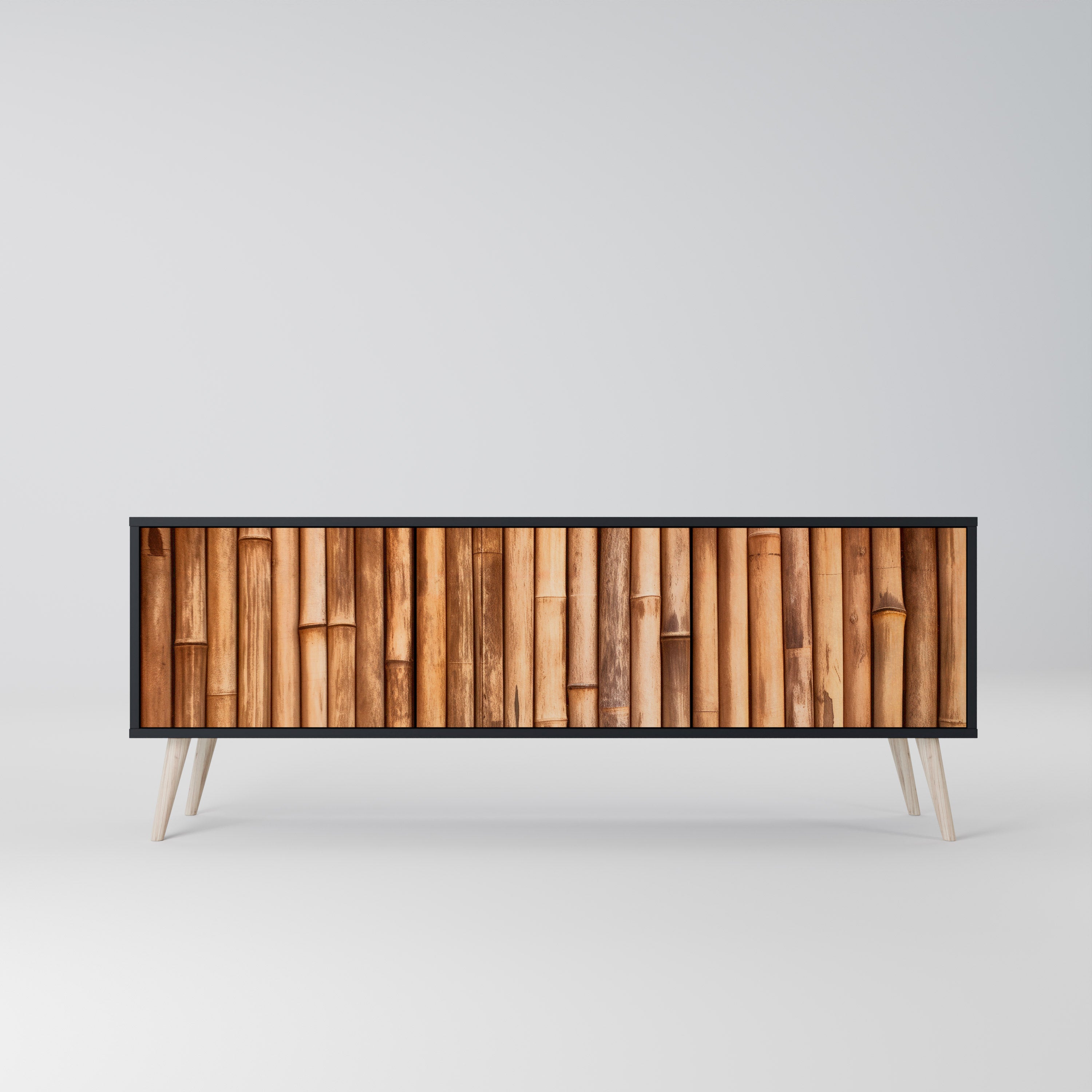 Mueble de TV de 3 puertas de madera natural con acabado negro