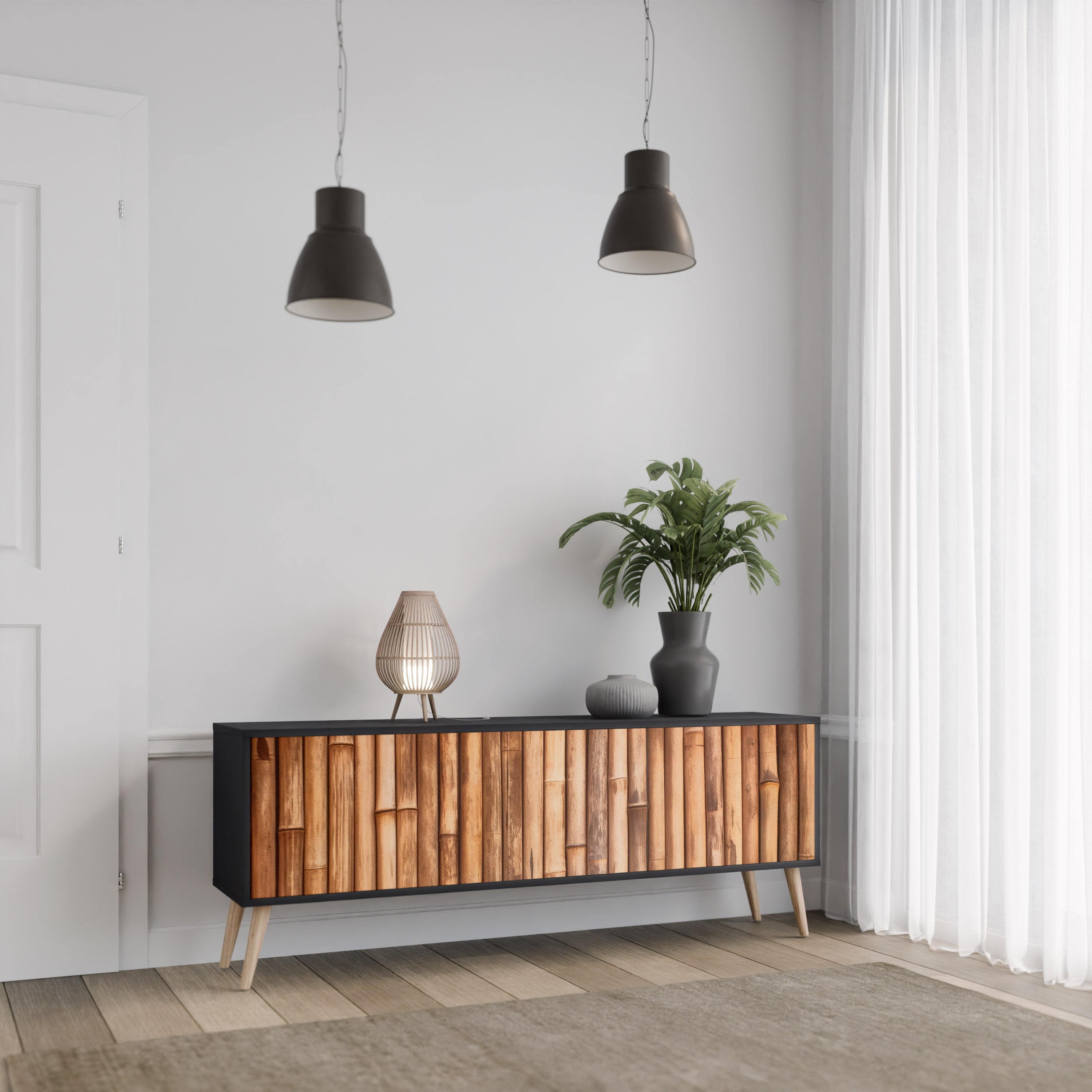 Mueble de TV de 3 puertas de madera natural con acabado negro