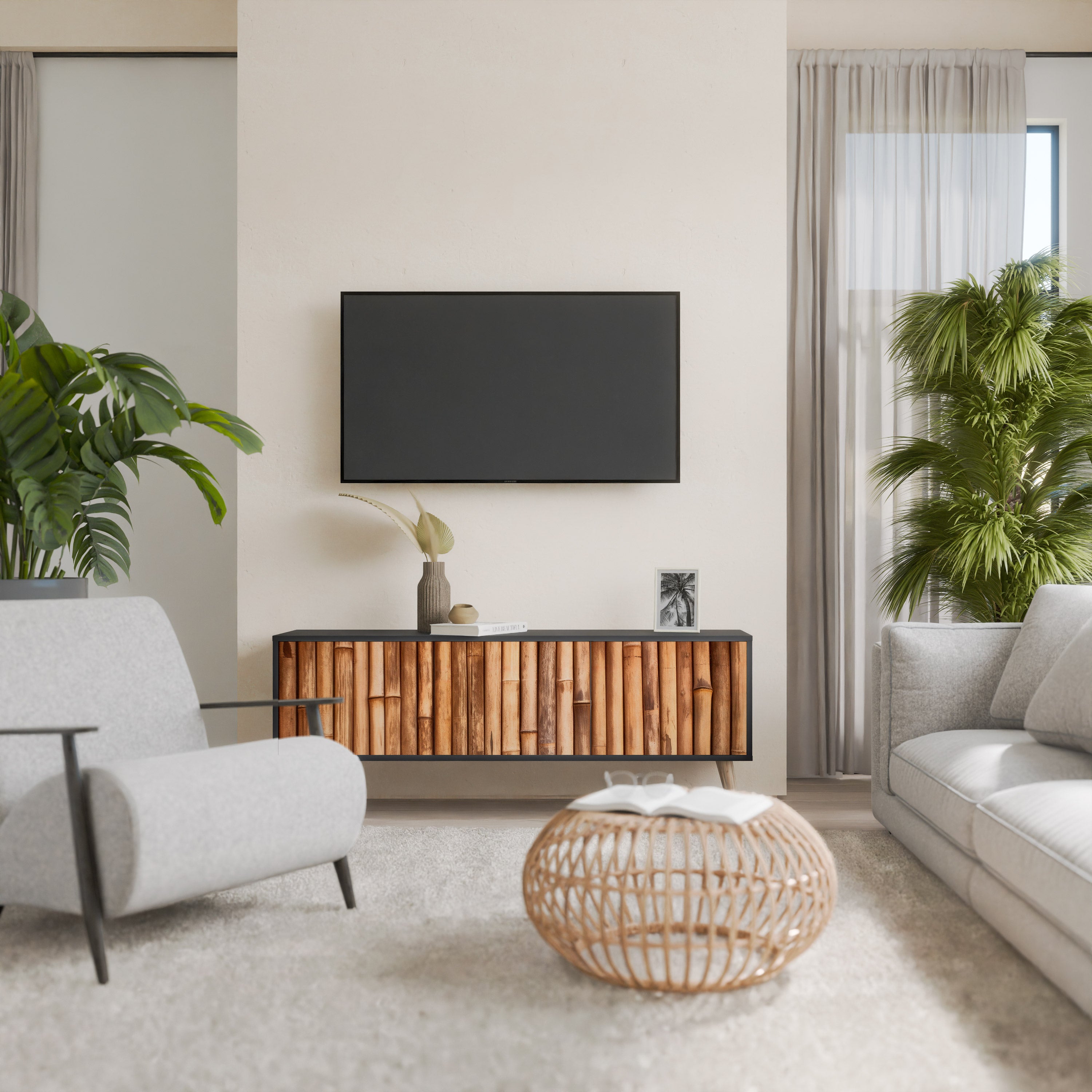 Mueble de TV de 3 puertas de madera natural con acabado negro