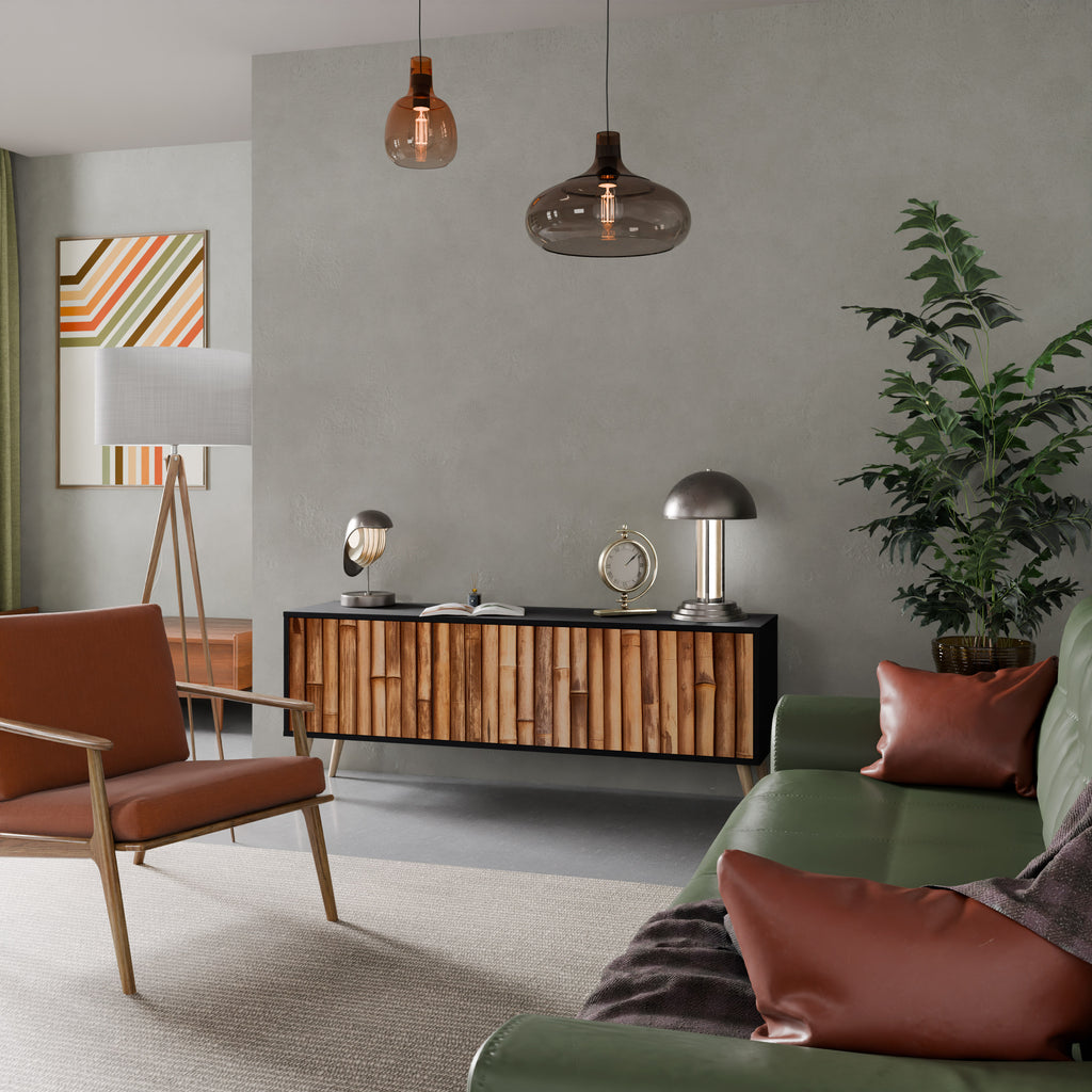 Mueble de TV de 3 puertas de madera natural con acabado negro