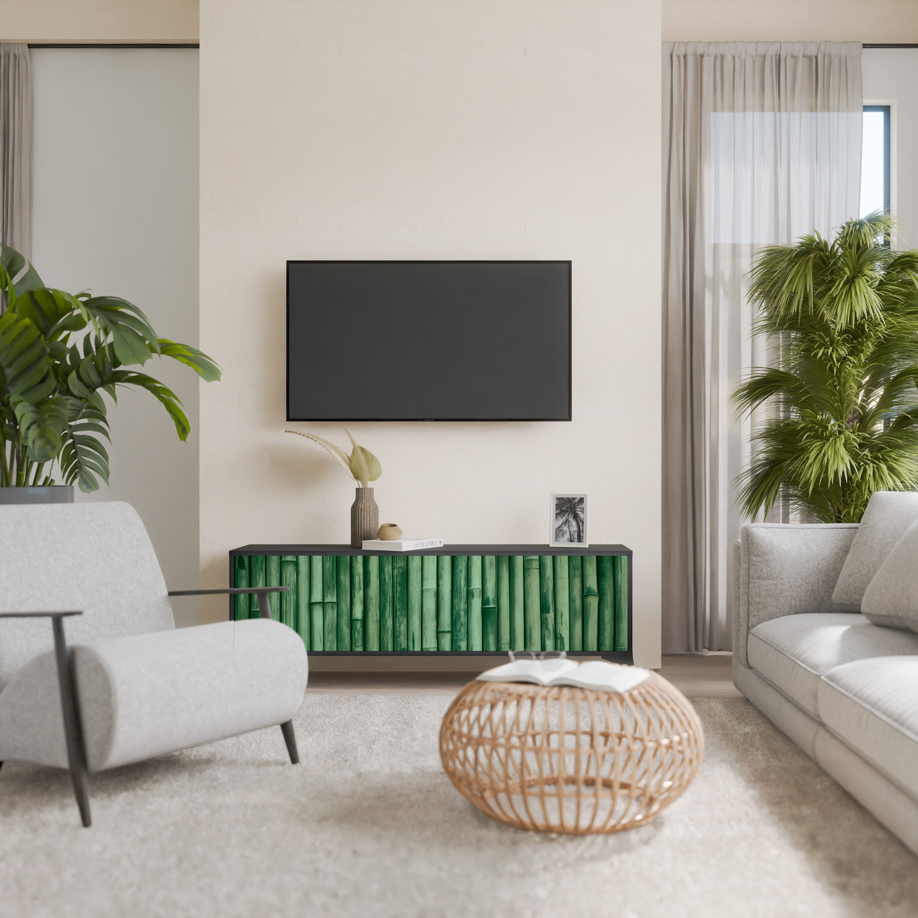 Mueble de TV de 3 puertas NATURAL GREEN con acabado negro