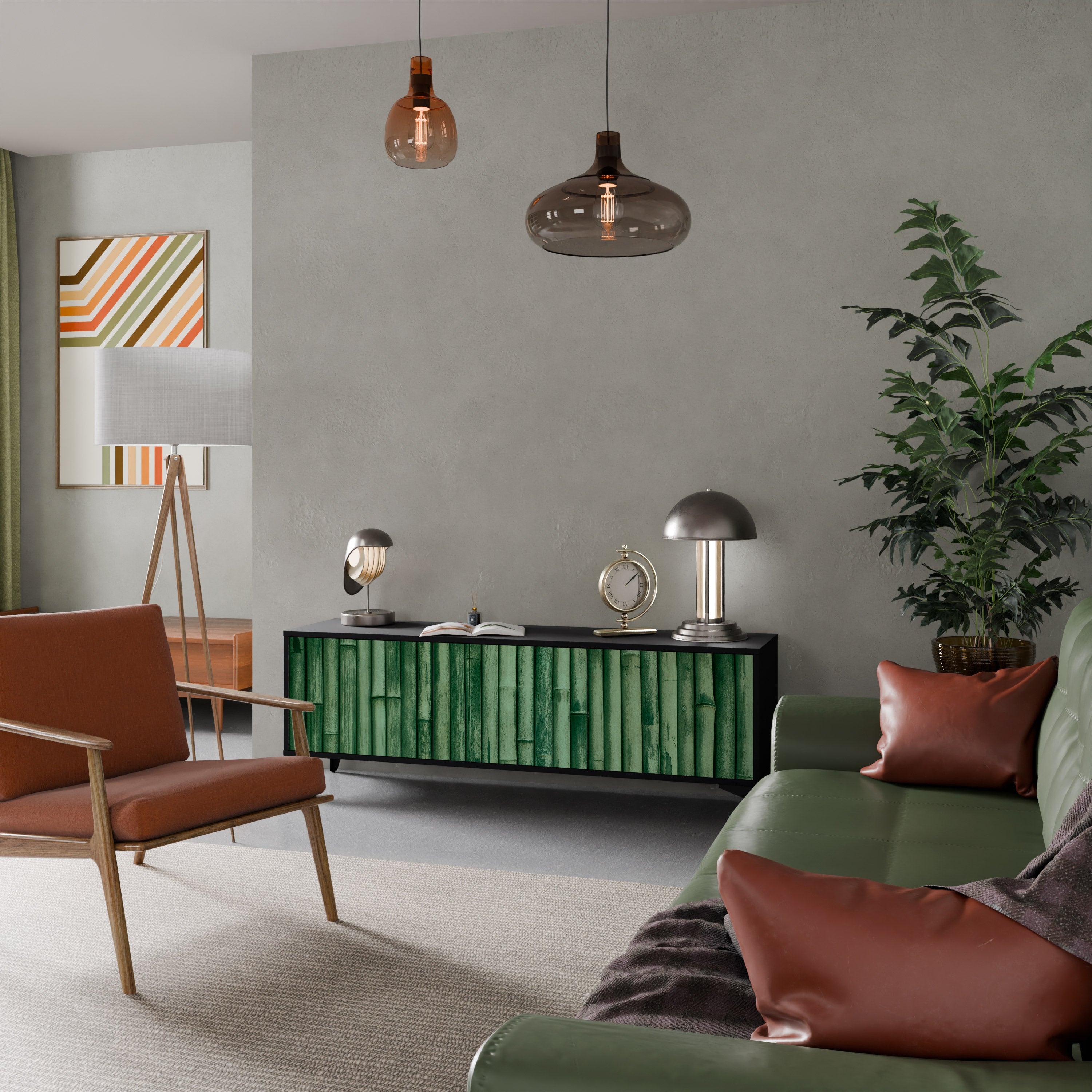 Mueble de TV de 3 puertas NATURAL GREEN con acabado negro