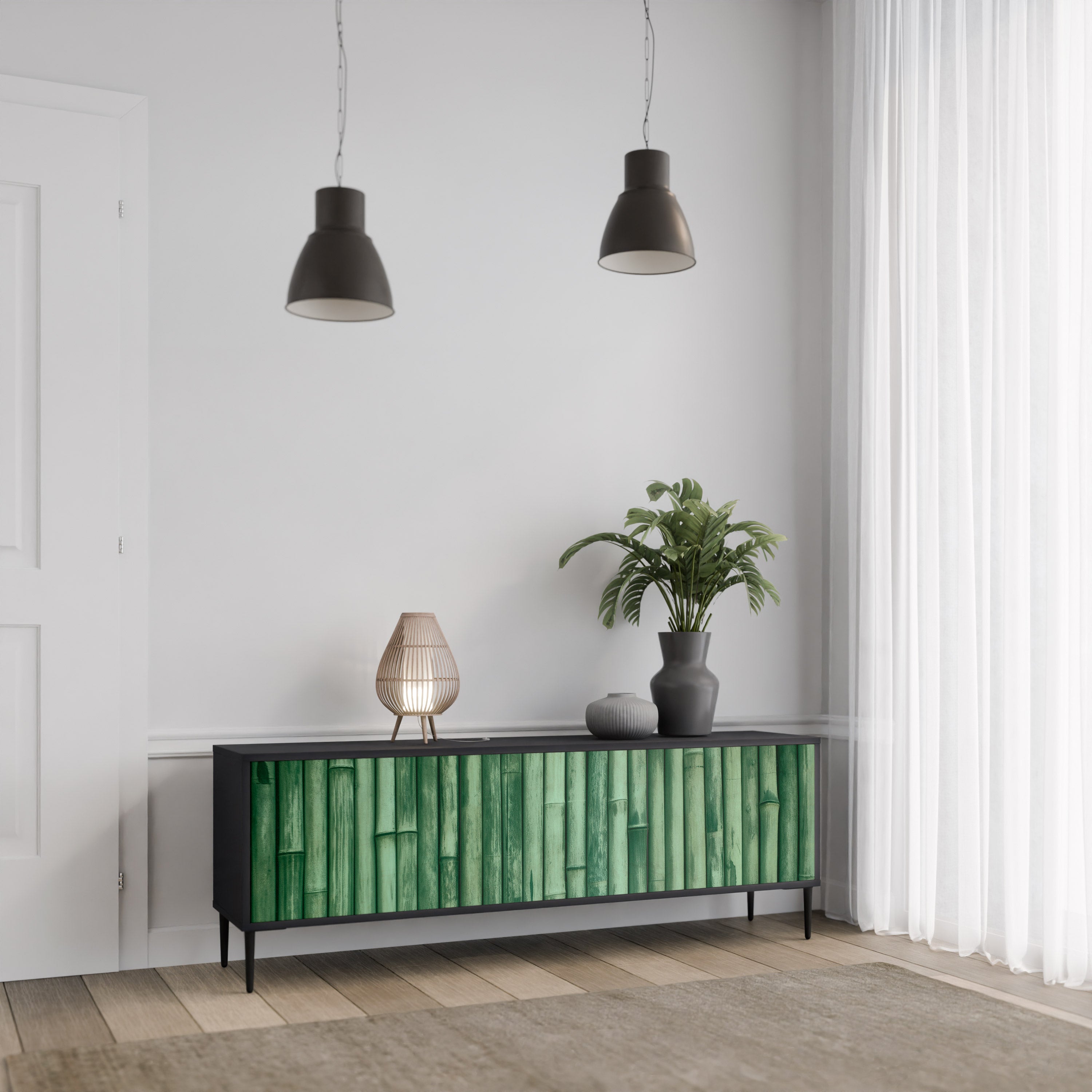Mueble de TV de 3 puertas NATURAL GREEN con acabado negro