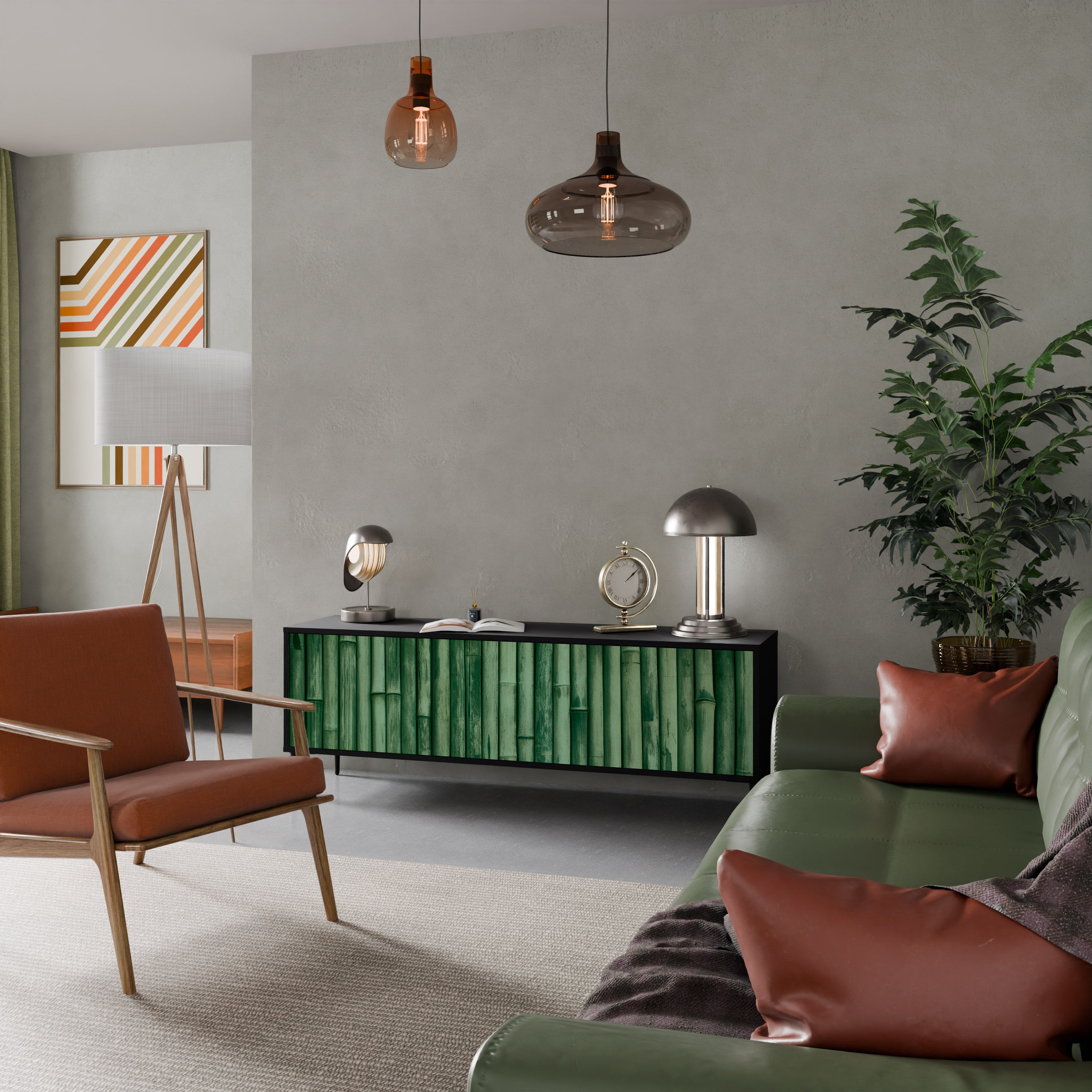 Mueble de TV de 3 puertas NATURAL GREEN con acabado negro