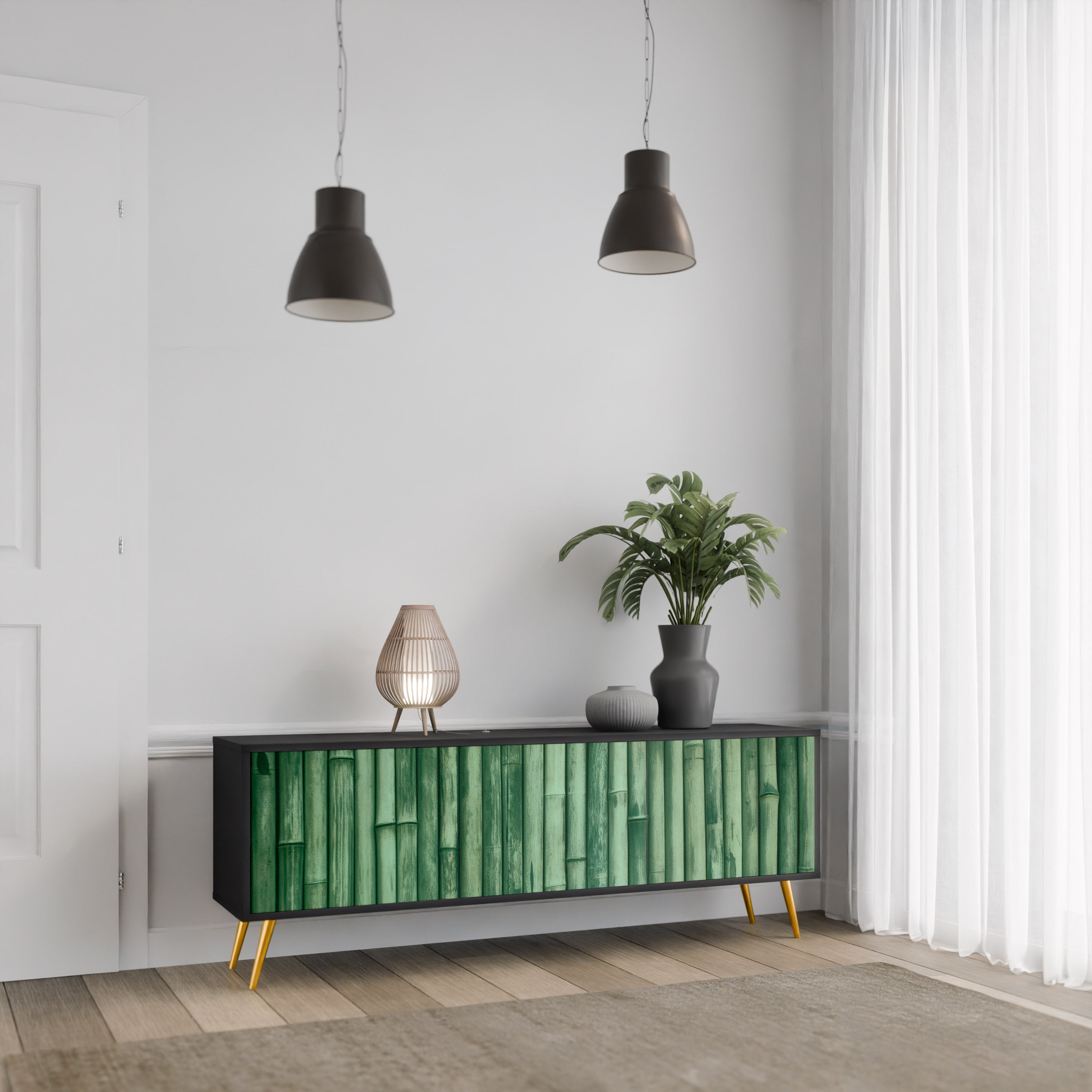 Mueble de TV de 3 puertas NATURAL GREEN con acabado negro