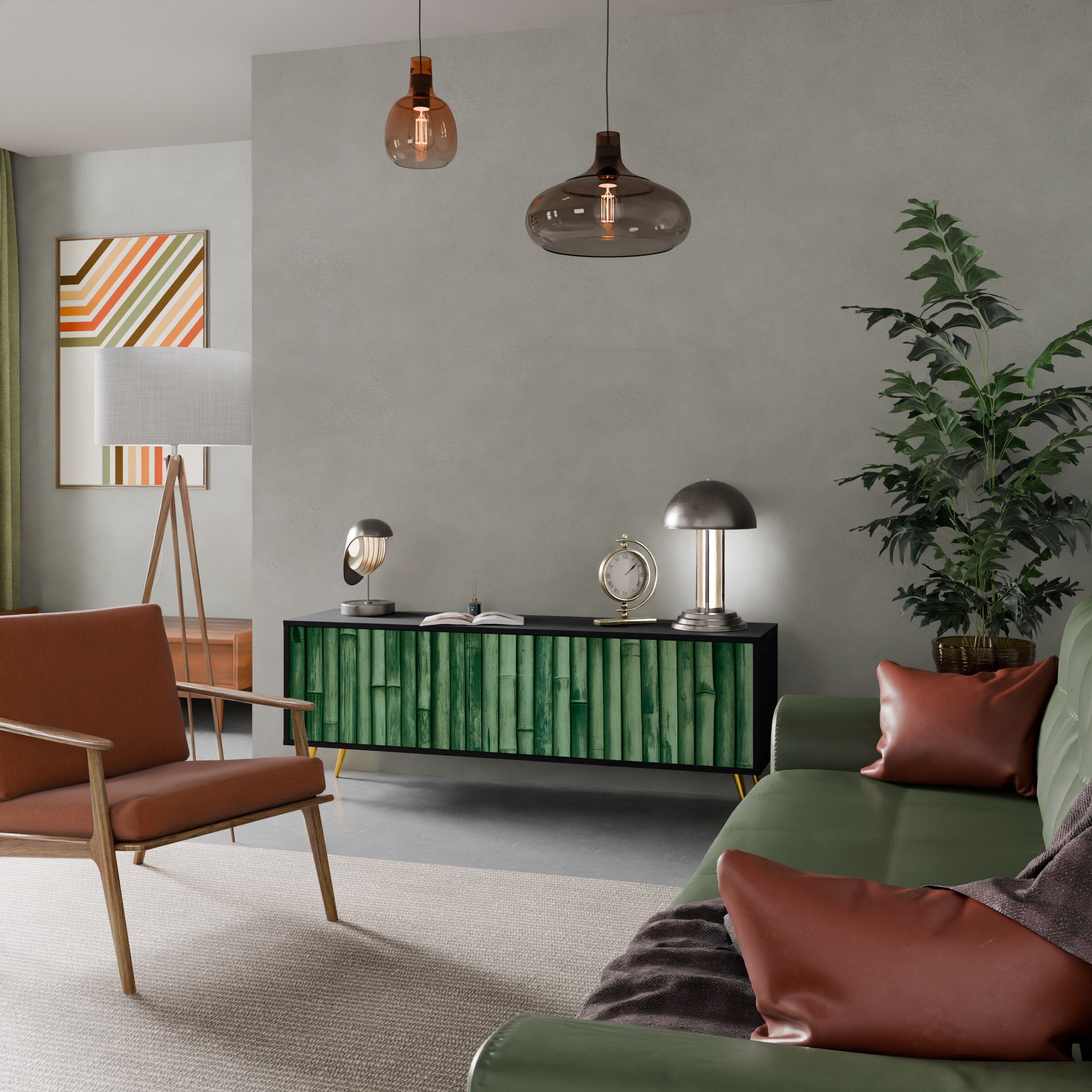 Mueble de TV de 3 puertas NATURAL GREEN con acabado negro