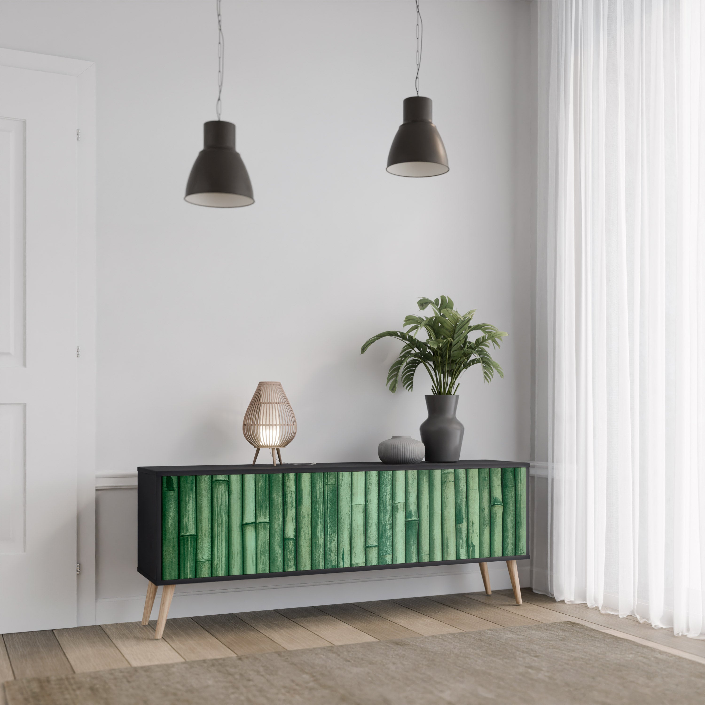 Mueble de TV de 3 puertas NATURAL GREEN con acabado negro