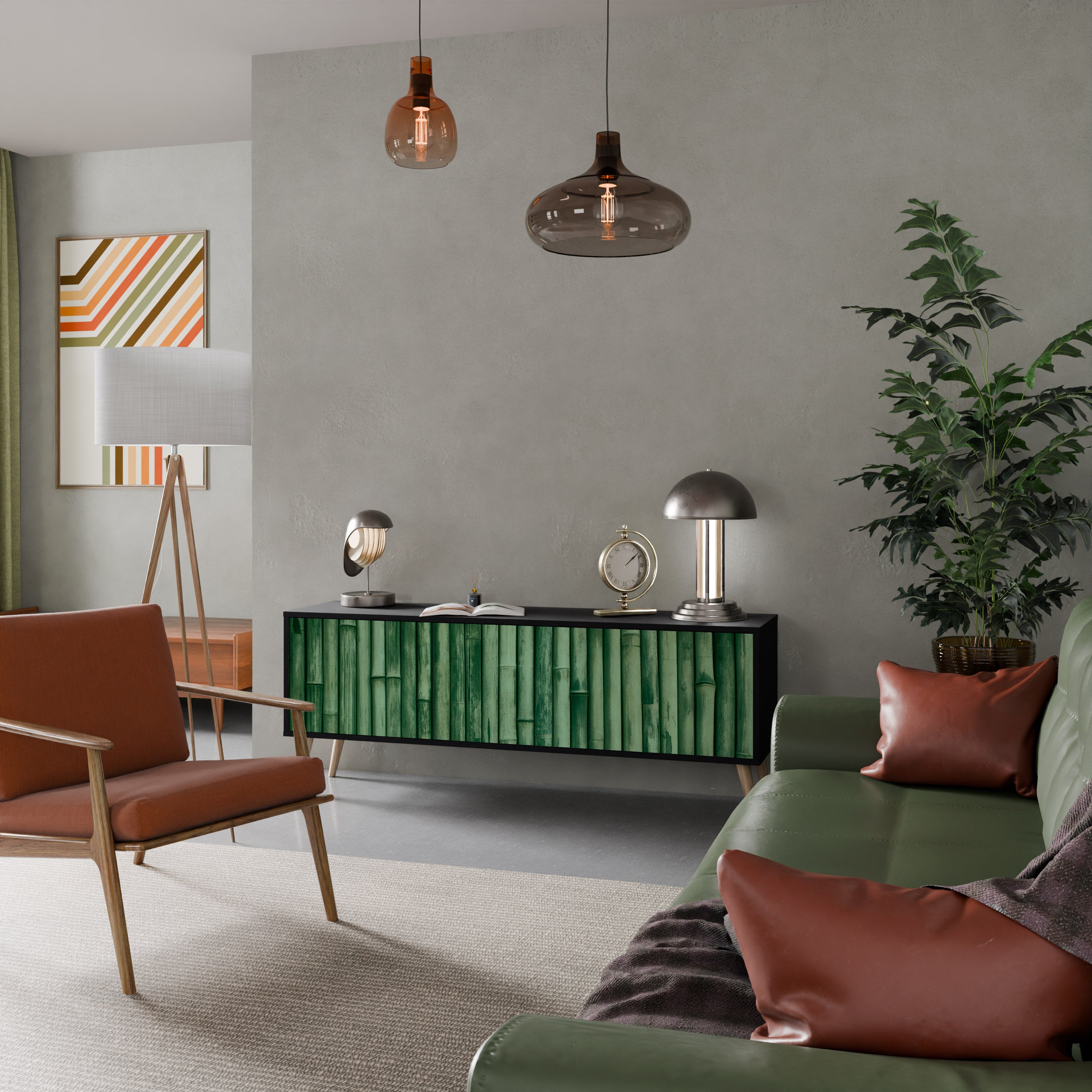 Mueble de TV de 3 puertas NATURAL GREEN con acabado negro