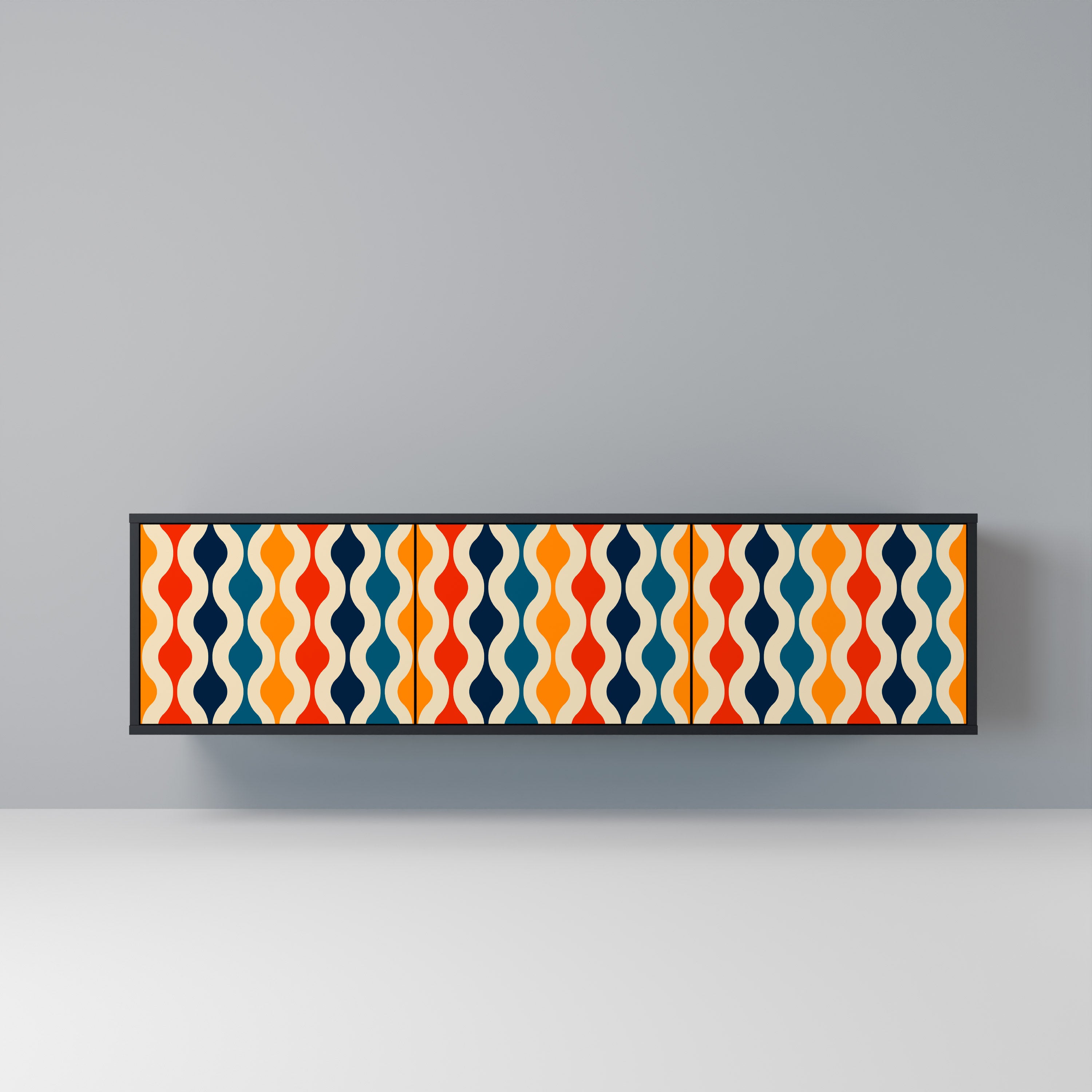 Mueble de TV de 3 puertas con acabado negro y NOSTALGIA COLORIDA