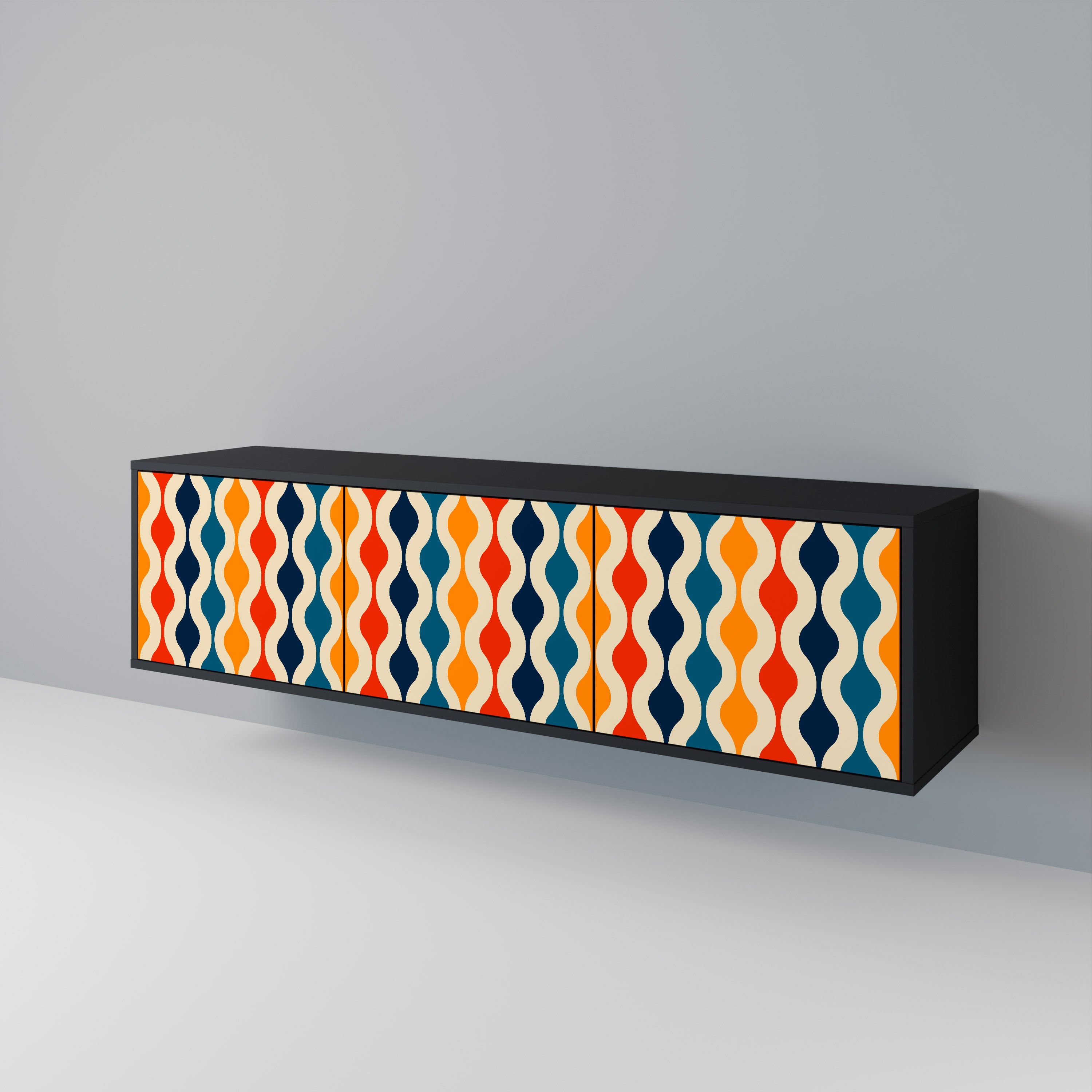 Mueble de TV de 3 puertas con acabado negro y NOSTALGIA COLORIDA