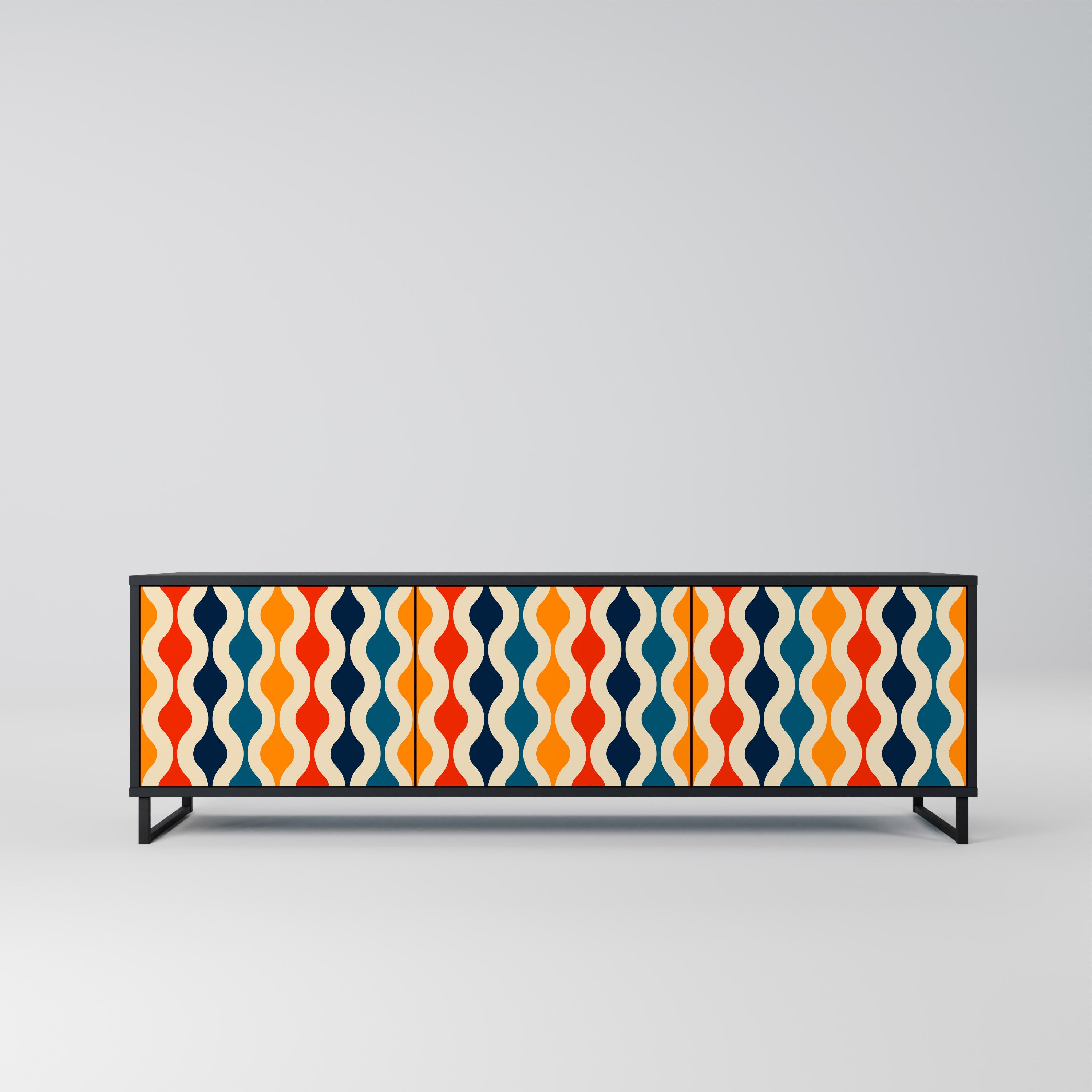 Mueble de TV de 3 puertas con acabado negro y NOSTALGIA COLORIDA