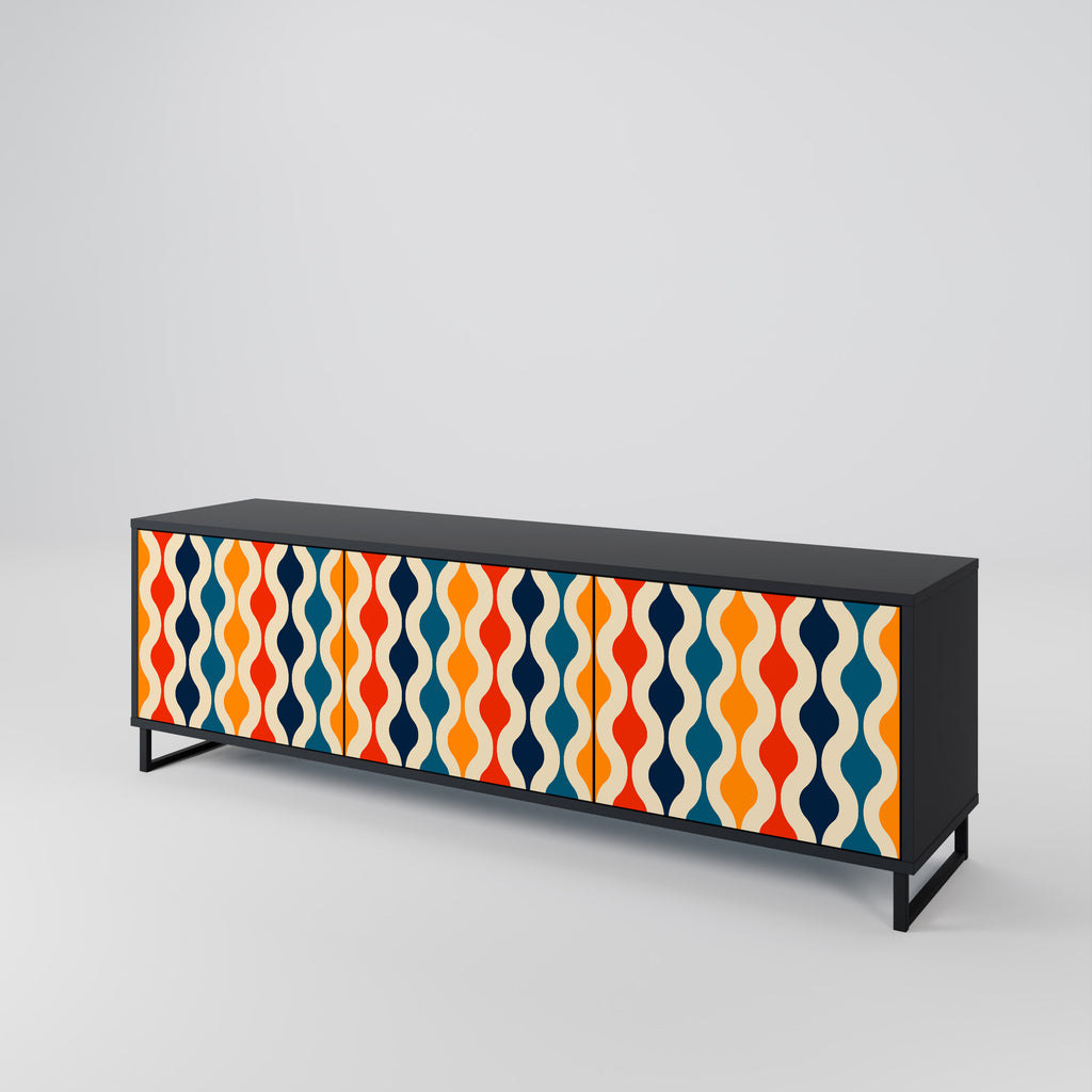 Mueble de TV de 3 puertas con acabado negro y NOSTALGIA COLORIDA