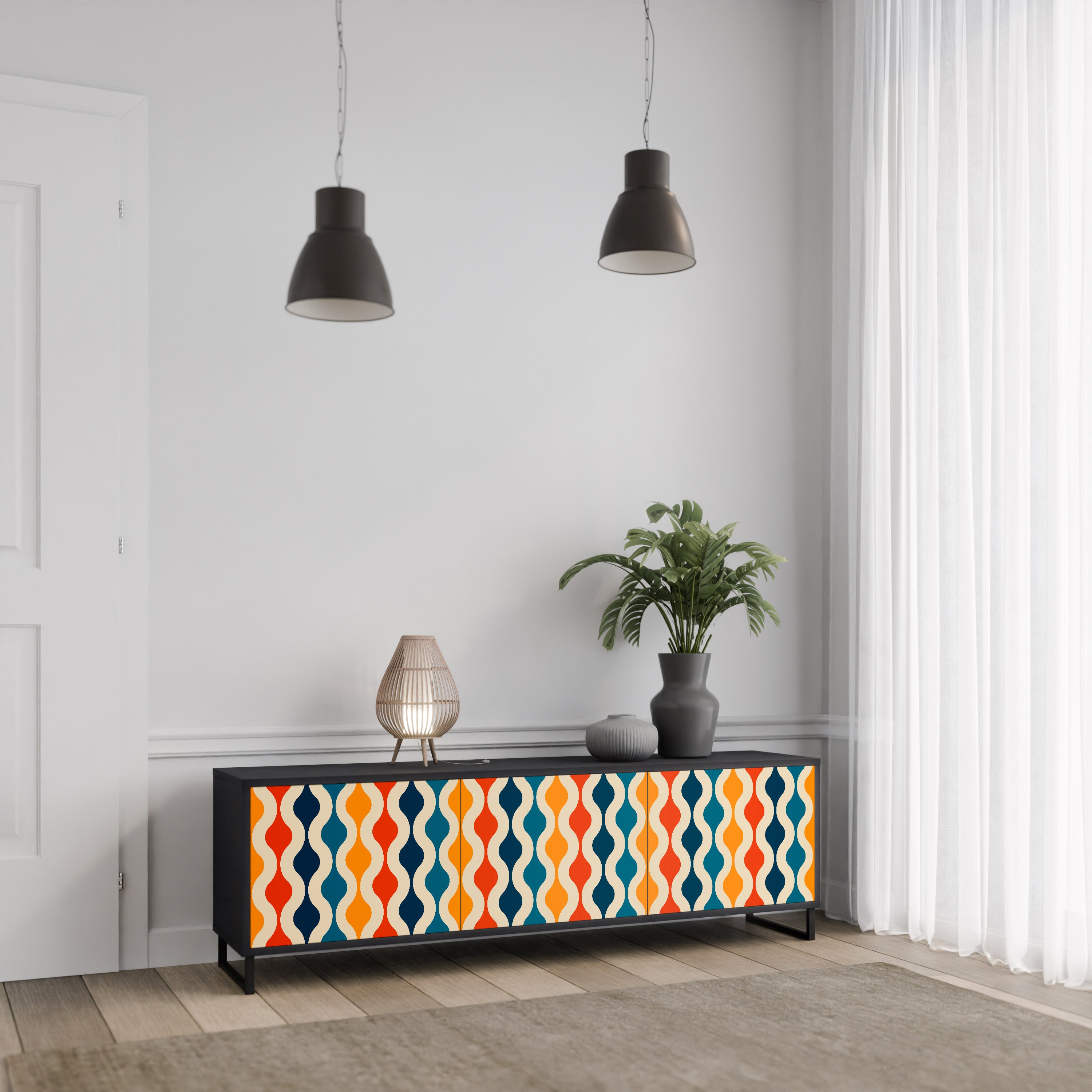 Mueble de TV de 3 puertas con acabado negro y NOSTALGIA COLORIDA