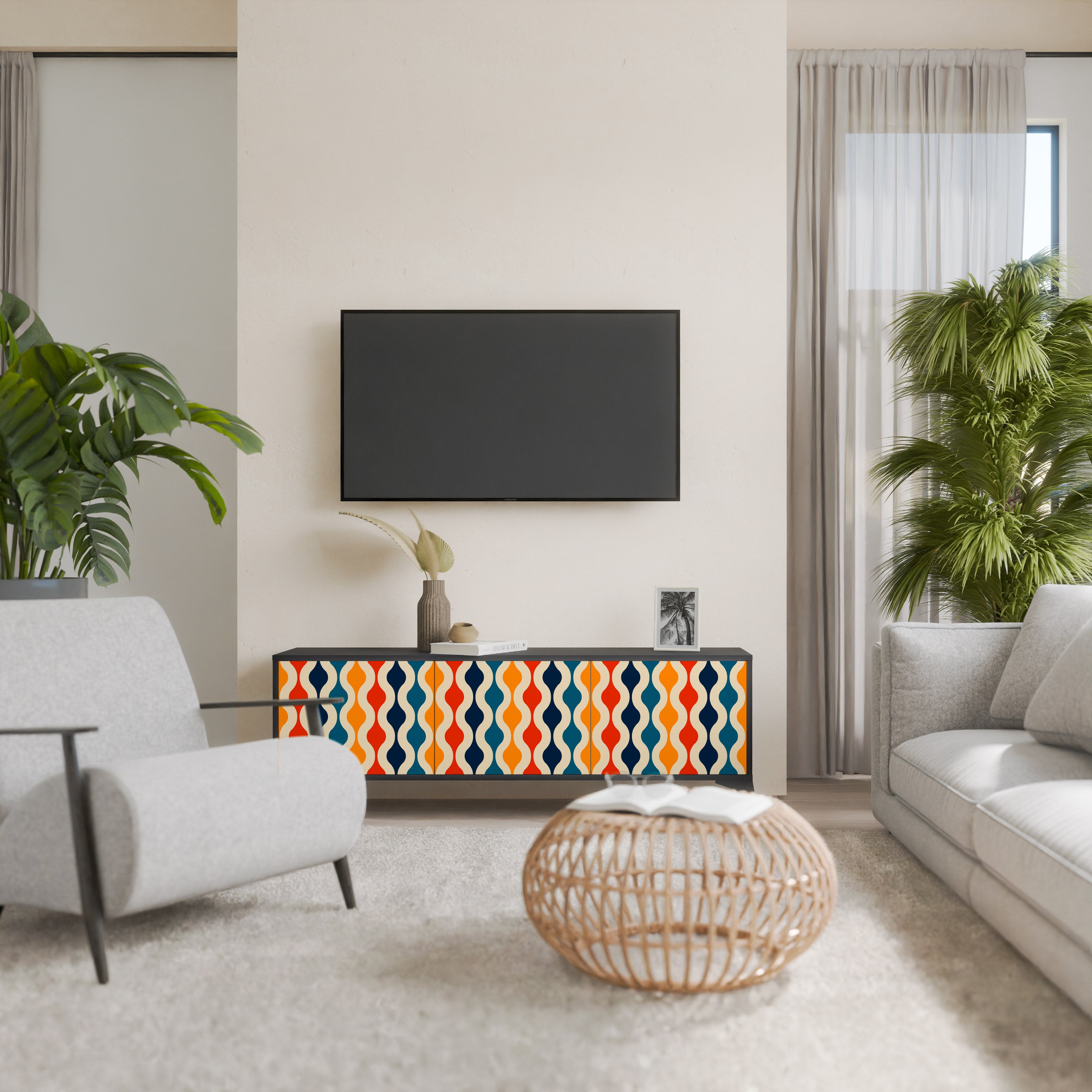 Mueble de TV de 3 puertas con acabado negro y NOSTALGIA COLORIDA