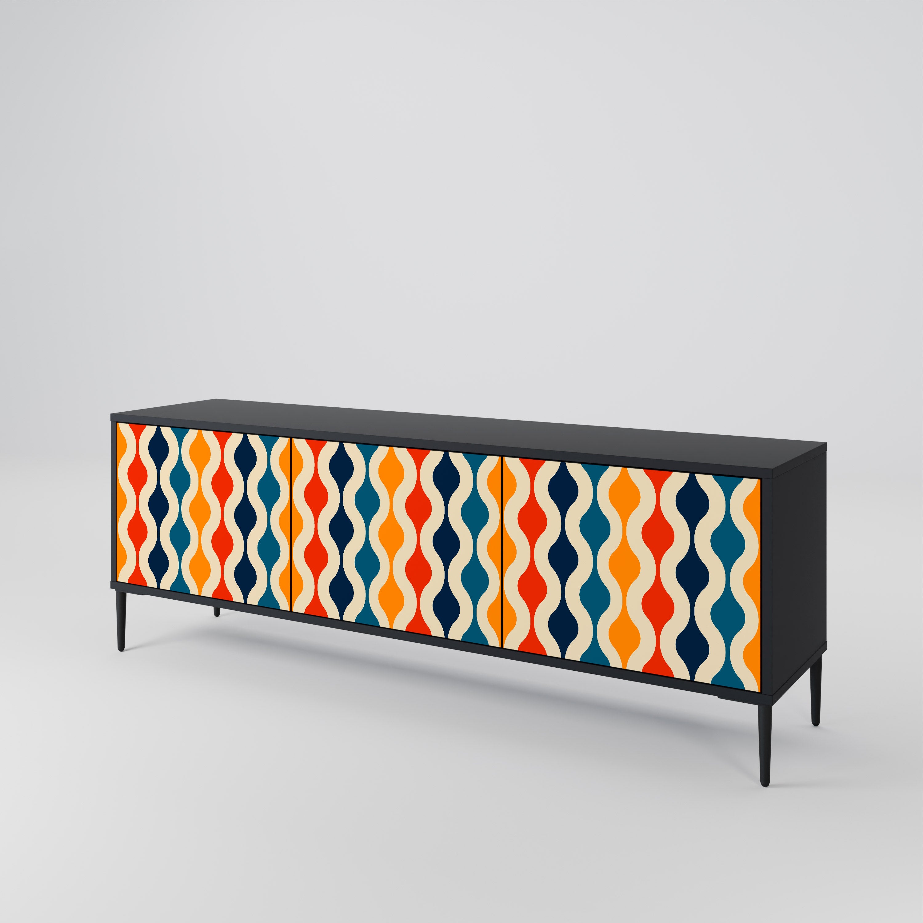 Mueble de TV de 3 puertas con acabado negro y NOSTALGIA COLORIDA