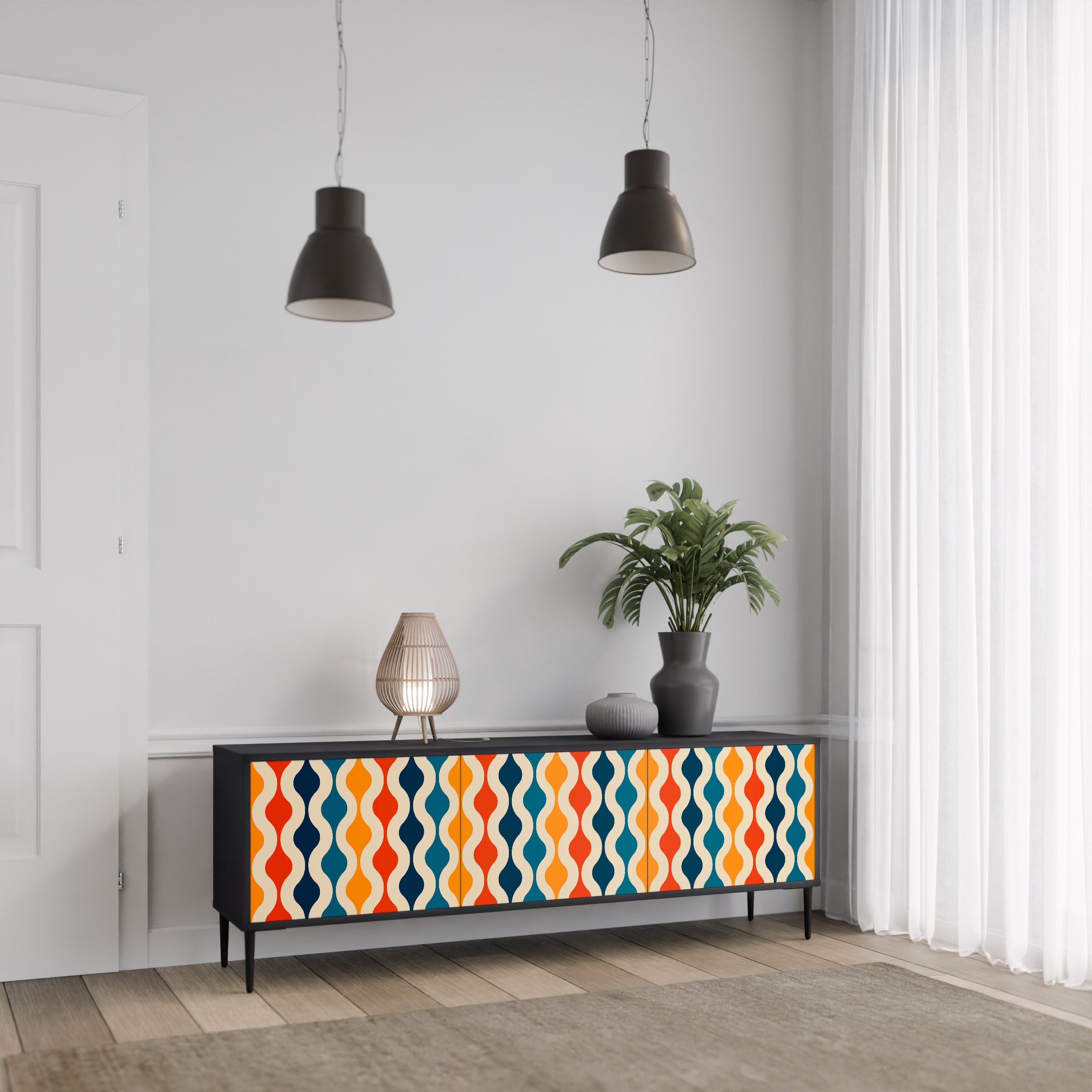 Mueble de TV de 3 puertas con acabado negro y NOSTALGIA COLORIDA