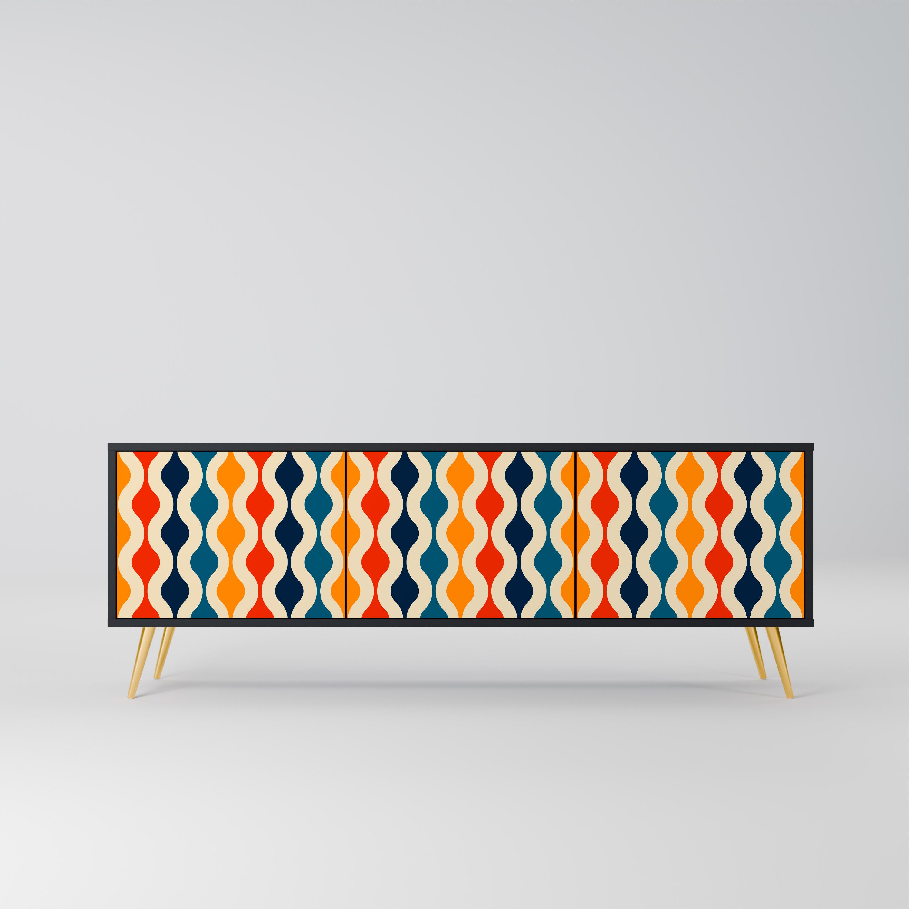 Mueble de TV de 3 puertas con acabado negro y NOSTALGIA COLORIDA