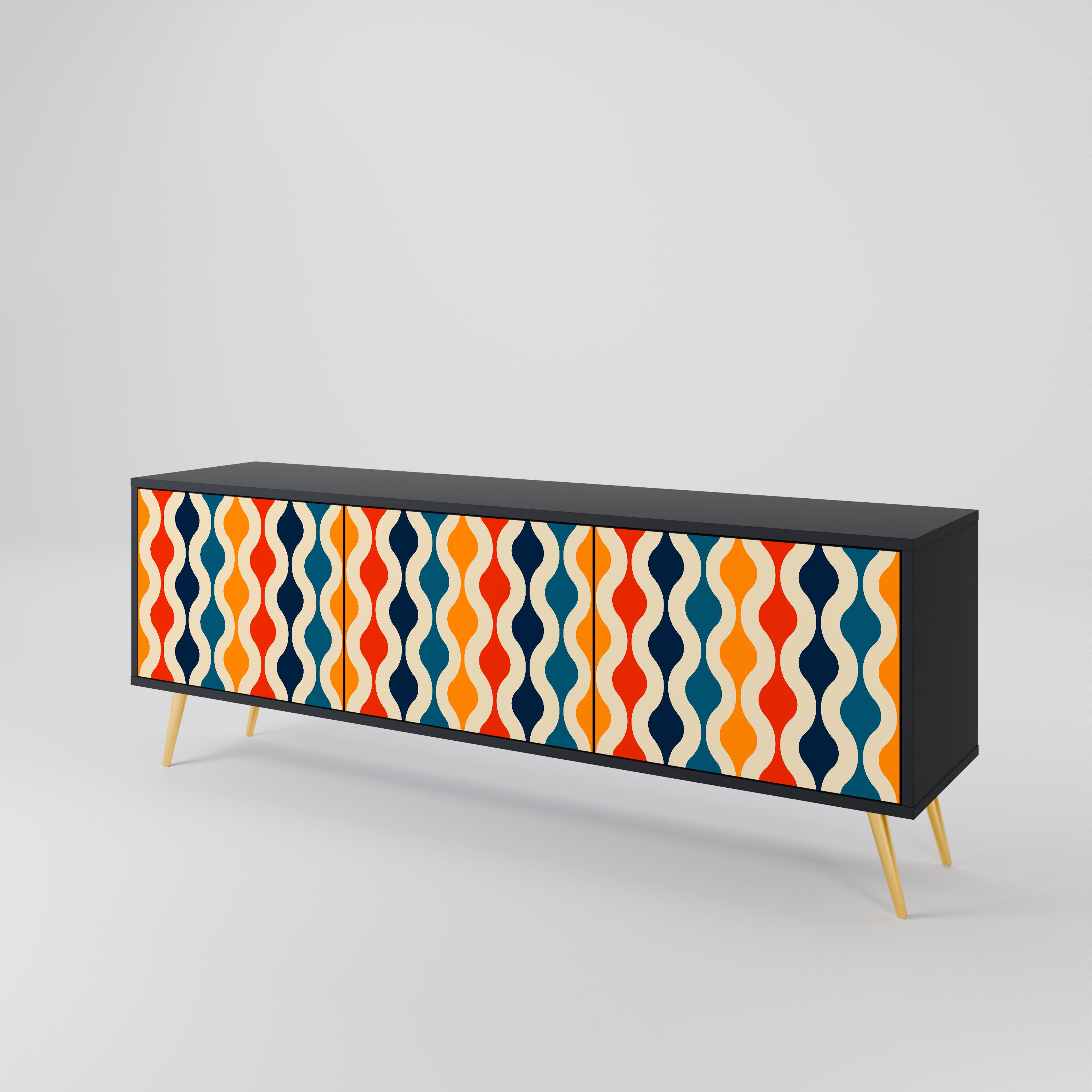 Mueble de TV de 3 puertas con acabado negro y NOSTALGIA COLORIDA