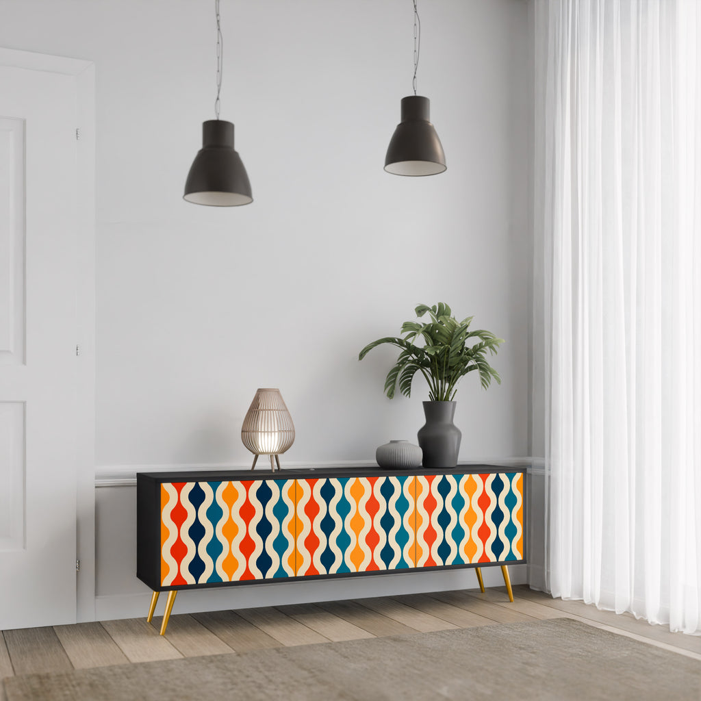 Mueble de TV de 3 puertas con acabado negro y NOSTALGIA COLORIDA