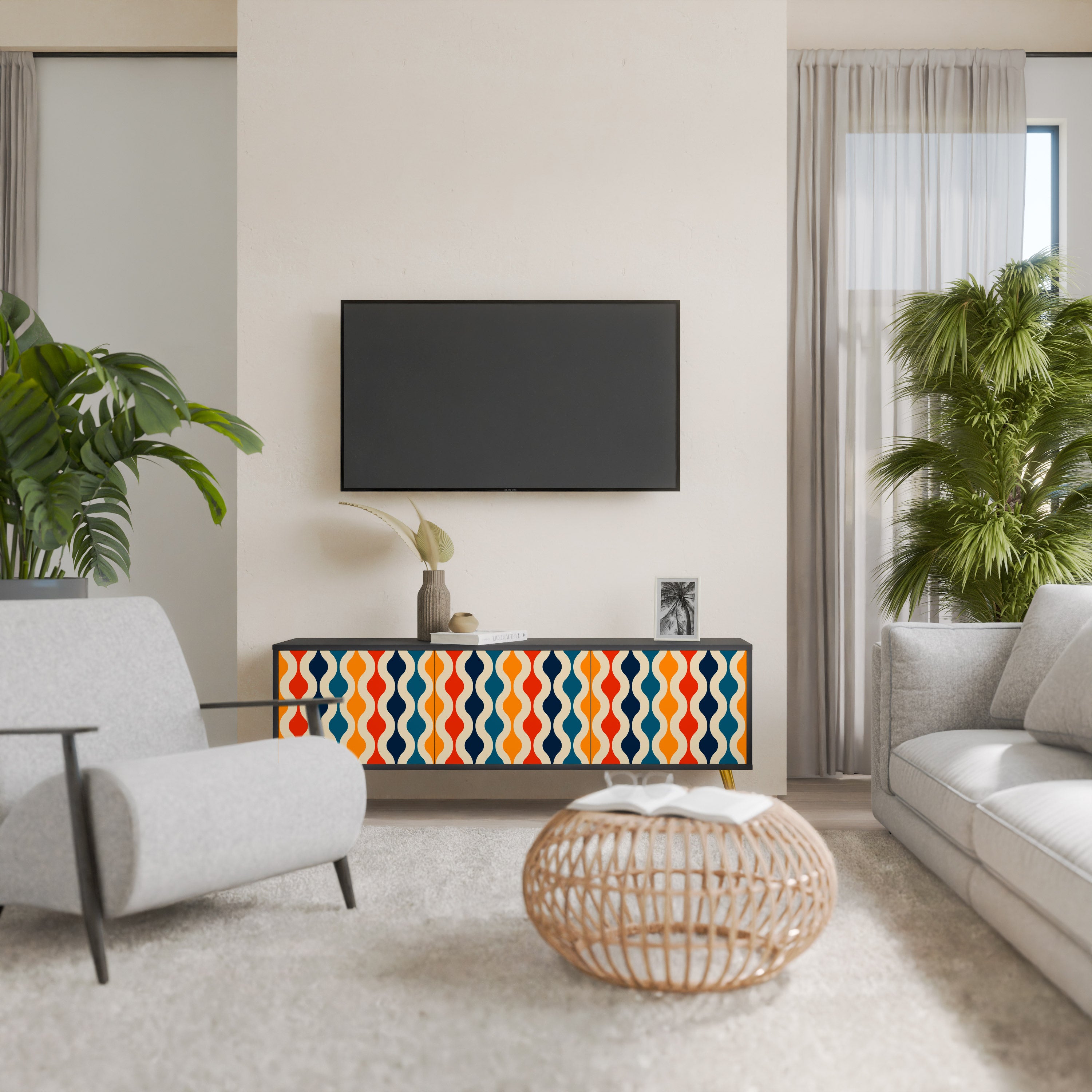 Mueble de TV de 3 puertas con acabado negro y NOSTALGIA COLORIDA