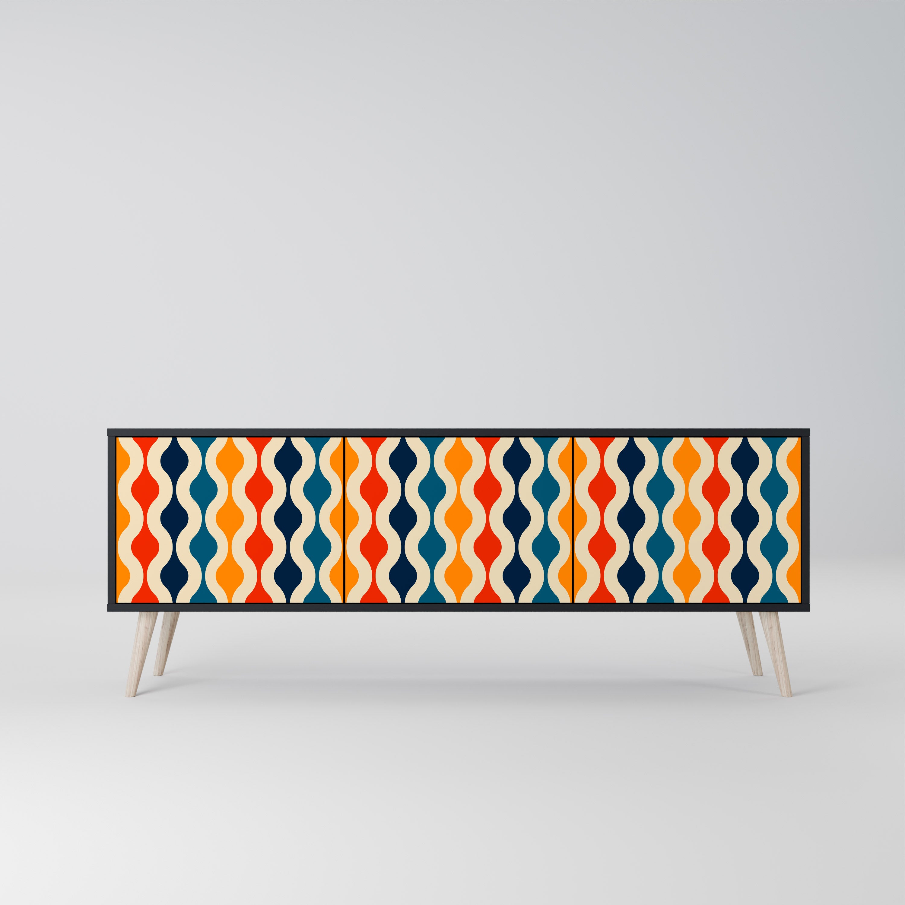 Mueble de TV de 3 puertas con acabado negro y NOSTALGIA COLORIDA