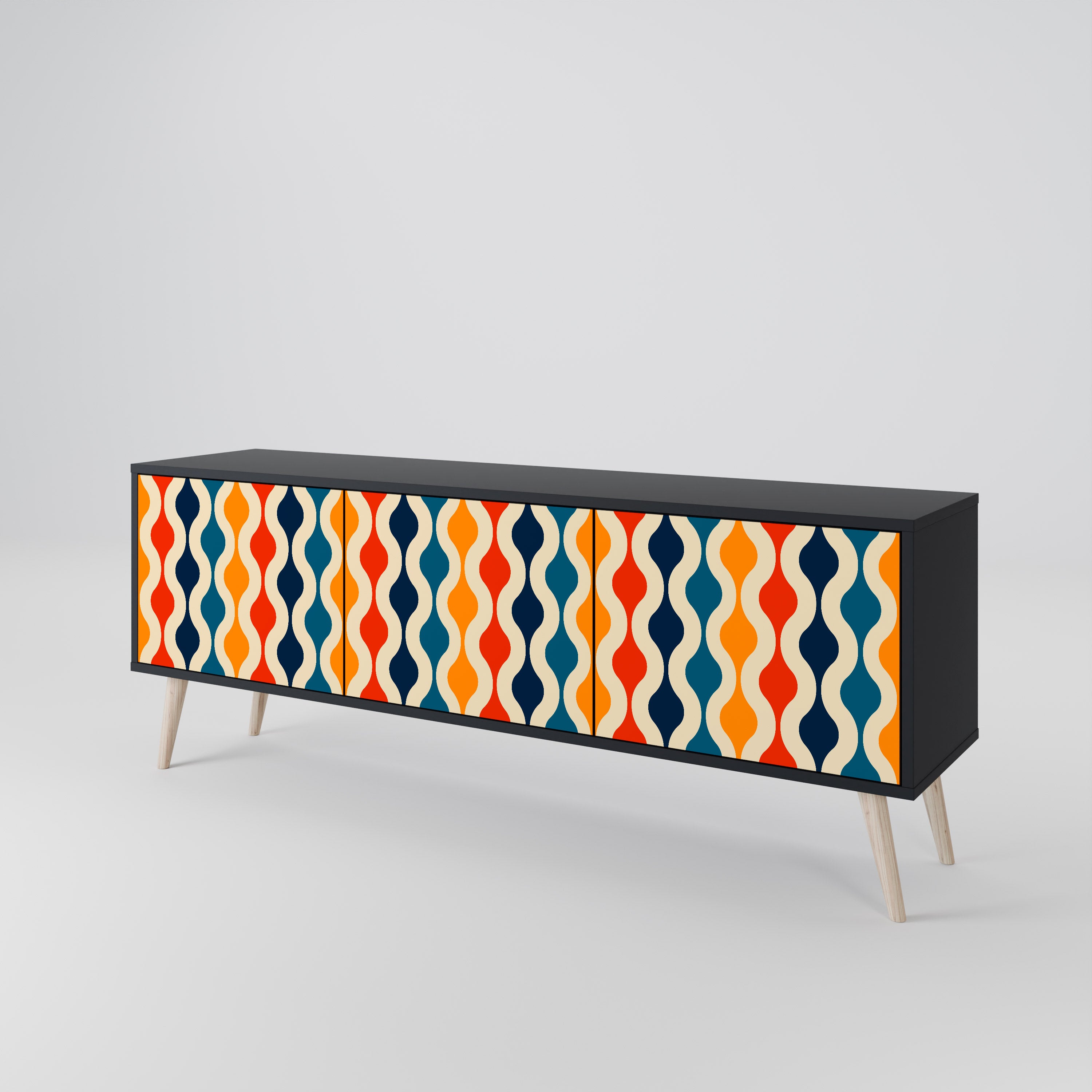 Mueble de TV de 3 puertas con acabado negro y NOSTALGIA COLORIDA
