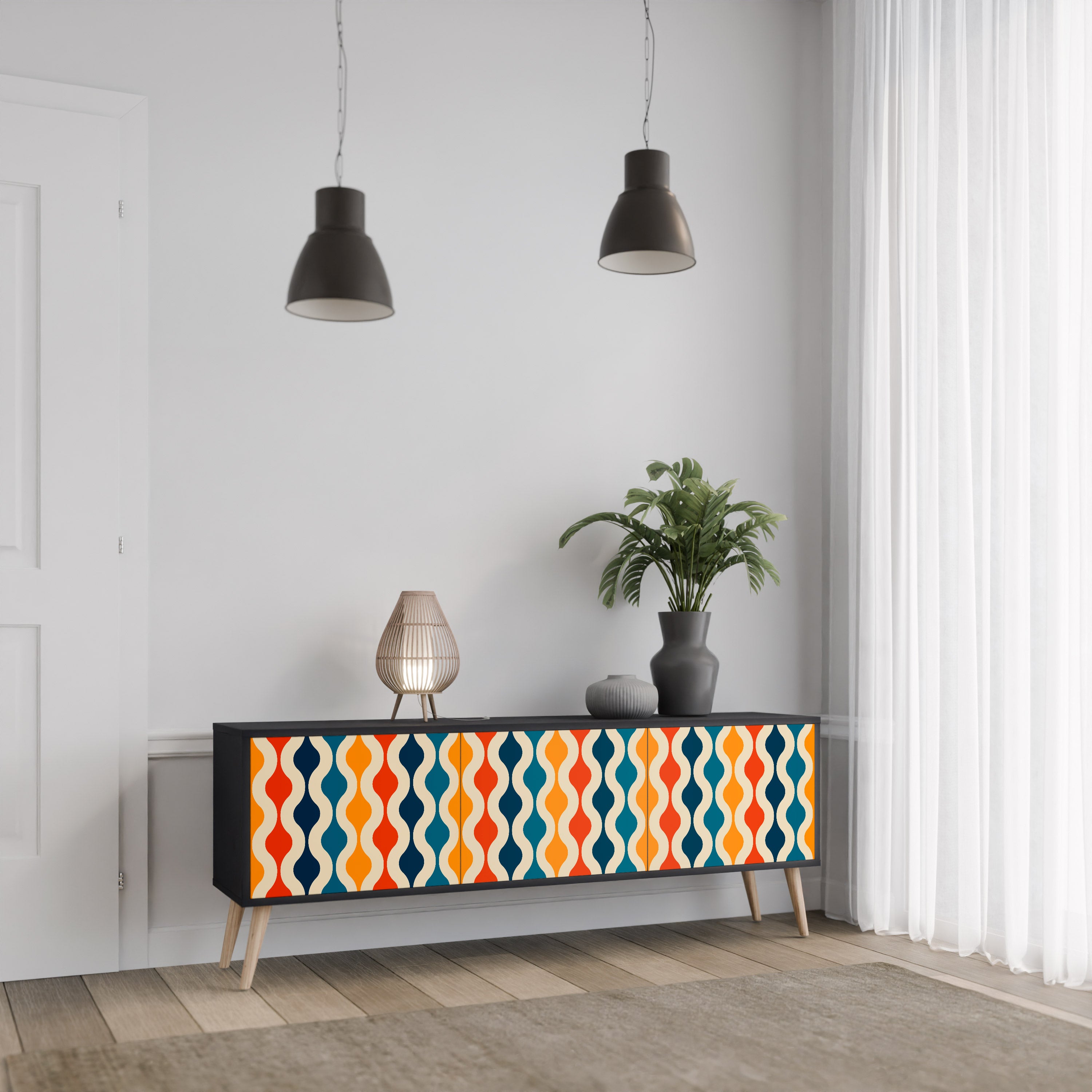 Mueble de TV de 3 puertas con acabado negro y NOSTALGIA COLORIDA