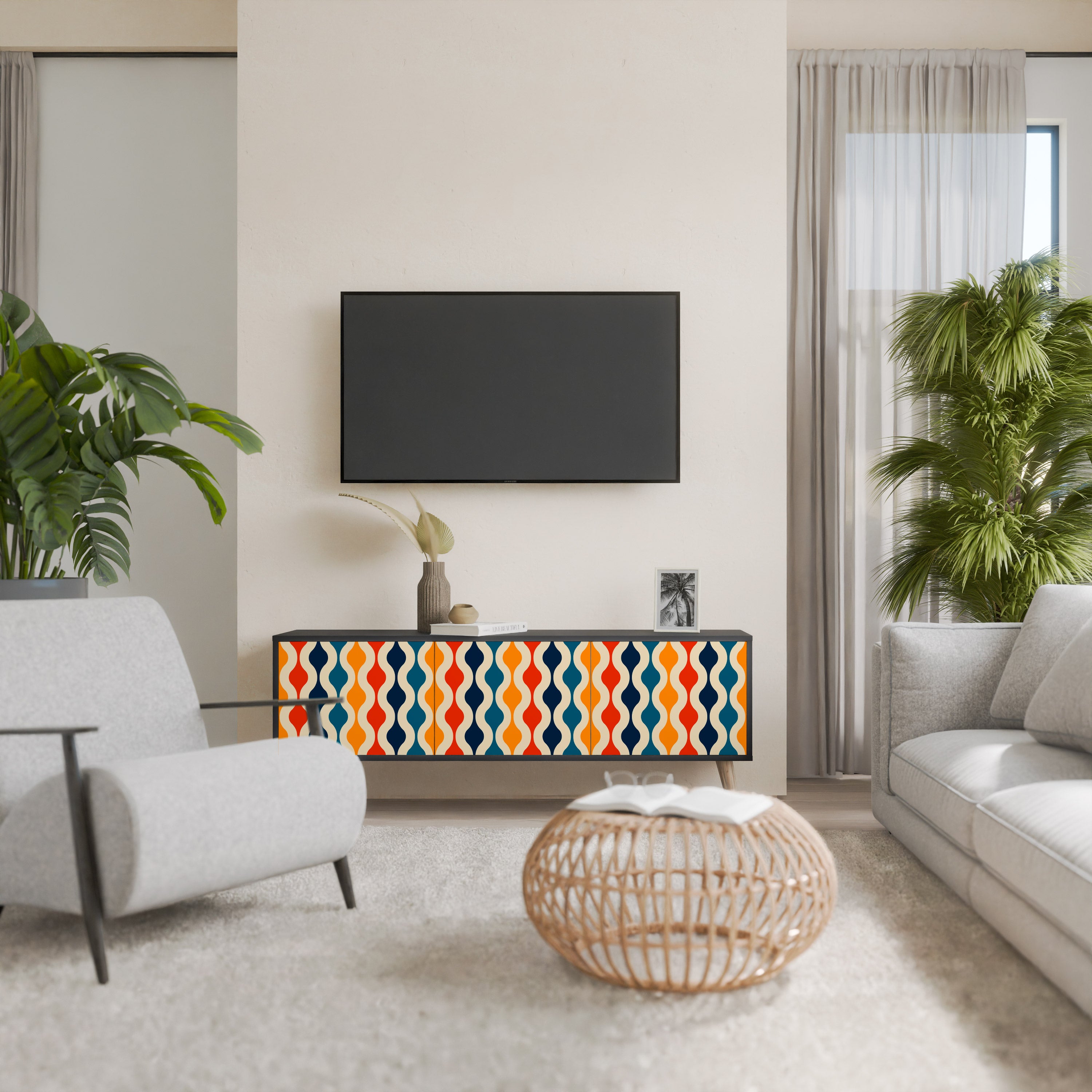 Mueble de TV de 3 puertas con acabado negro y NOSTALGIA COLORIDA