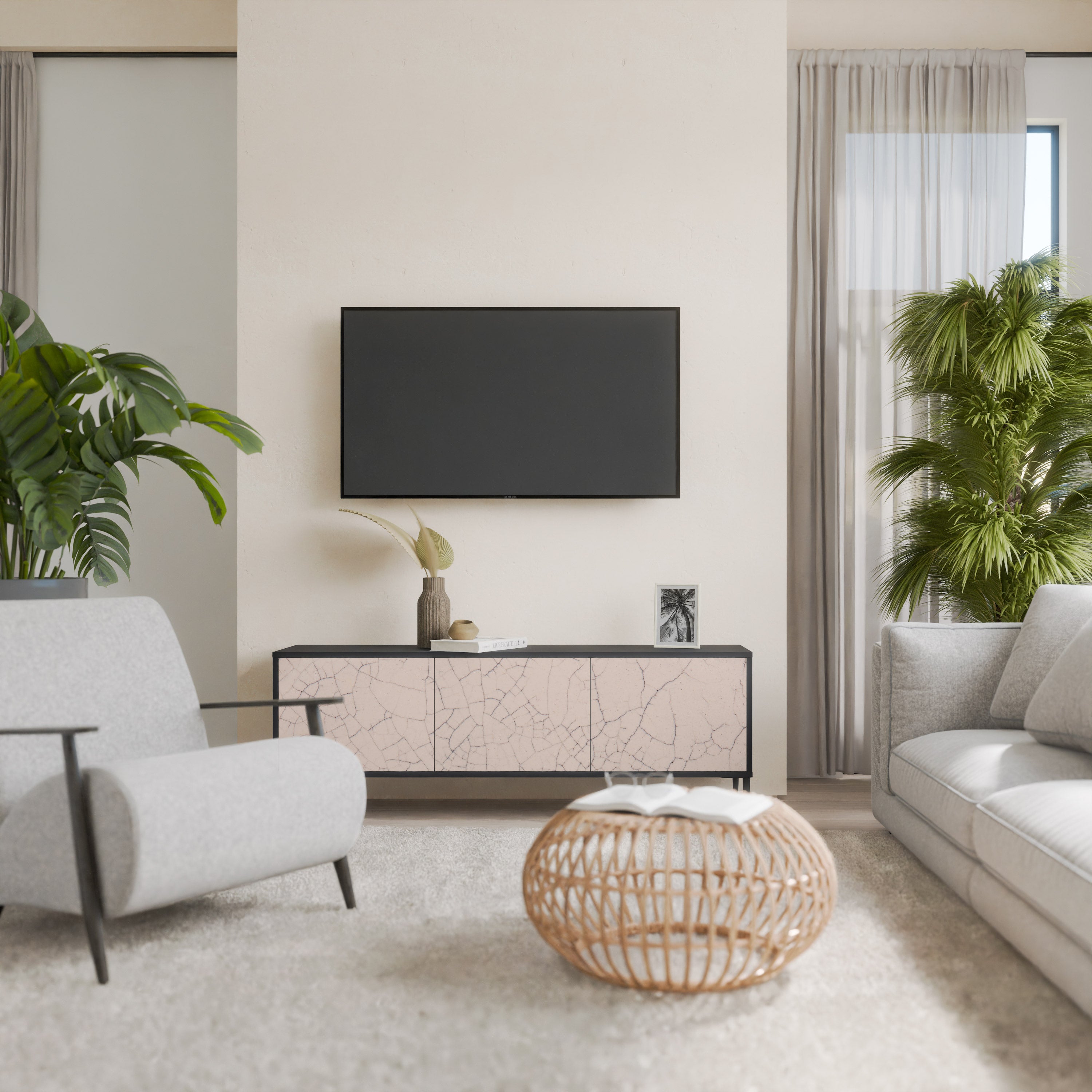Mueble de TV de 3 puertas con textura cerámica en acabado negro