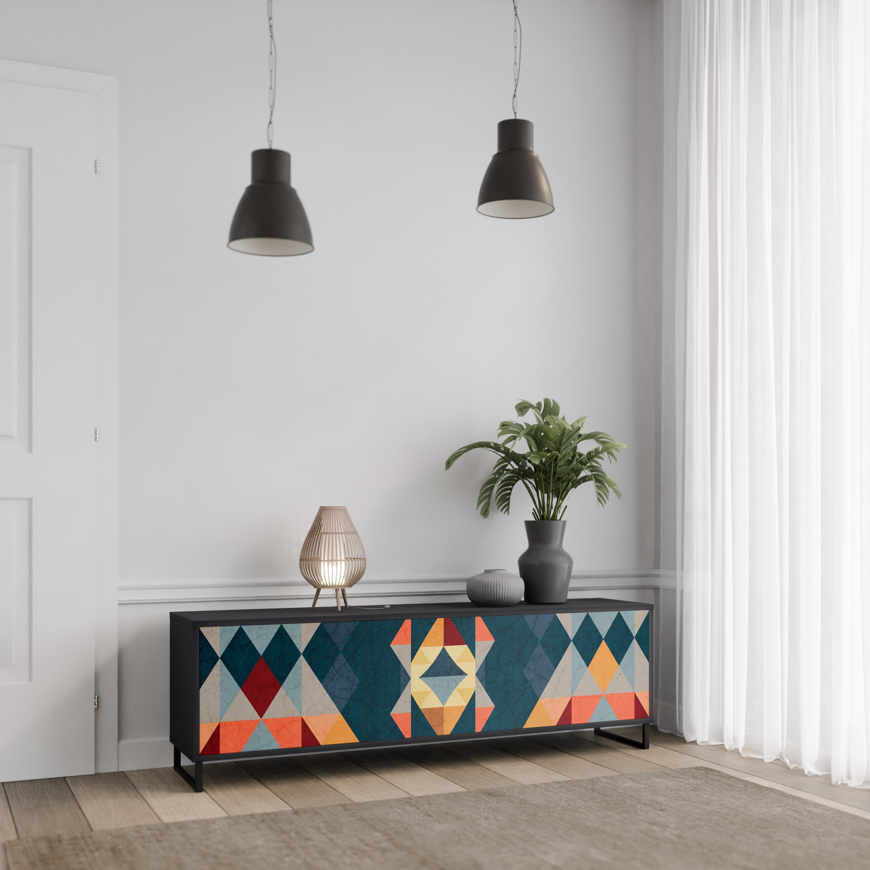 Mueble de TV de 3 puertas CRACKED ILLUSION con acabado negro