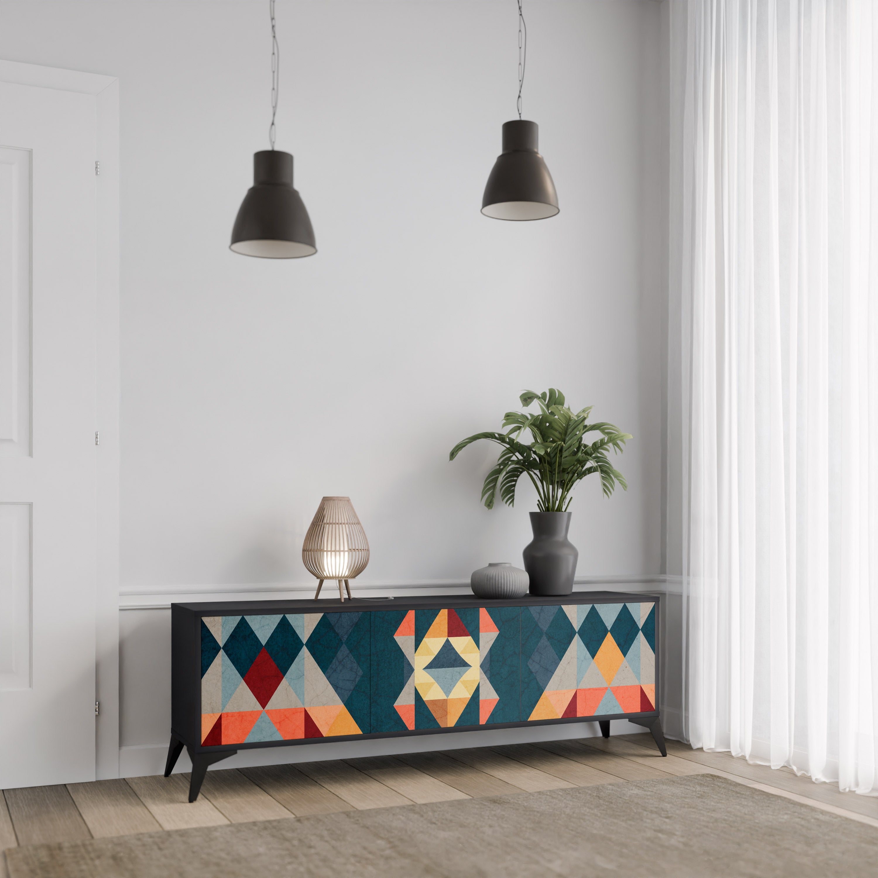 Mueble de TV de 3 puertas CRACKED ILLUSION con acabado negro