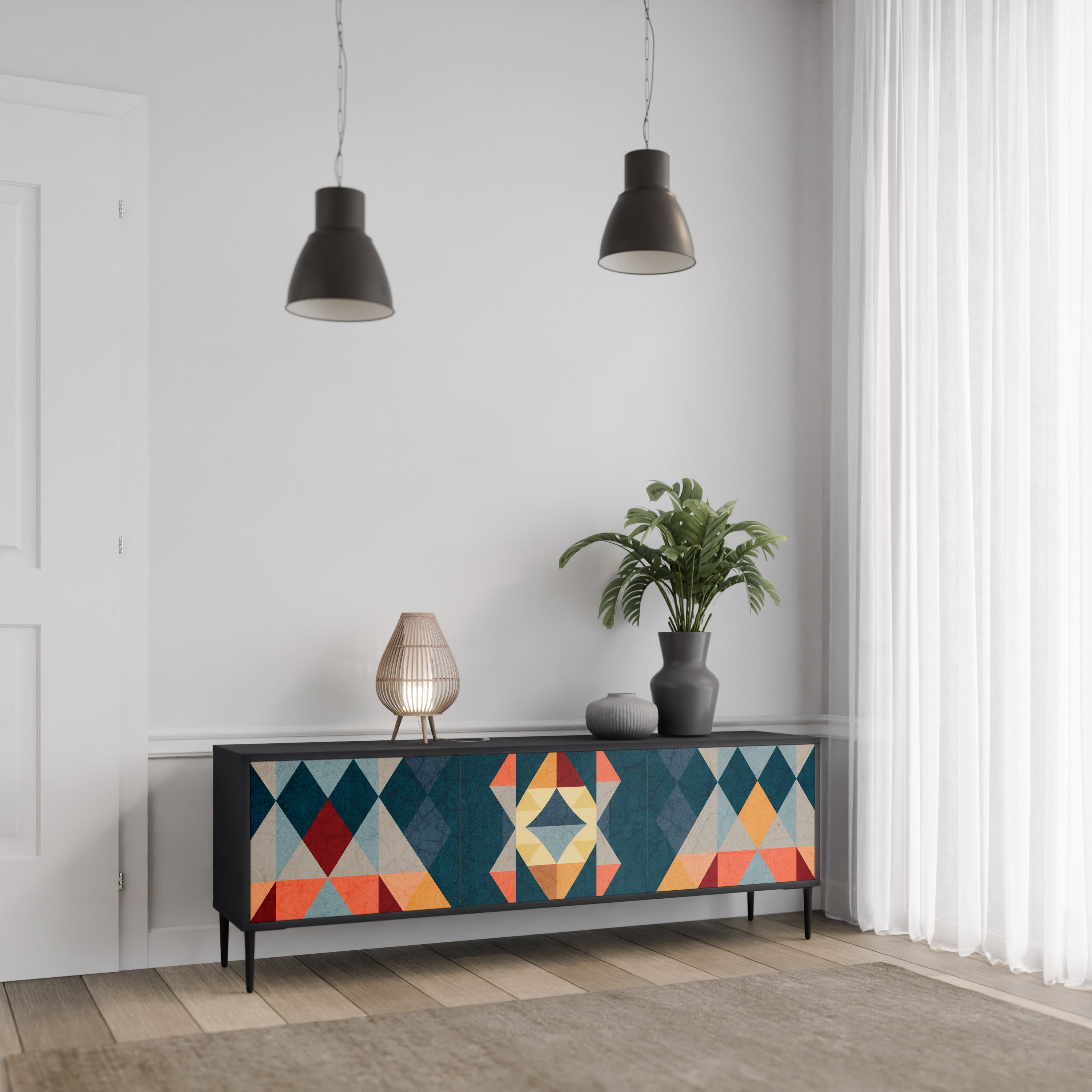 Mueble de TV de 3 puertas CRACKED ILLUSION con acabado negro