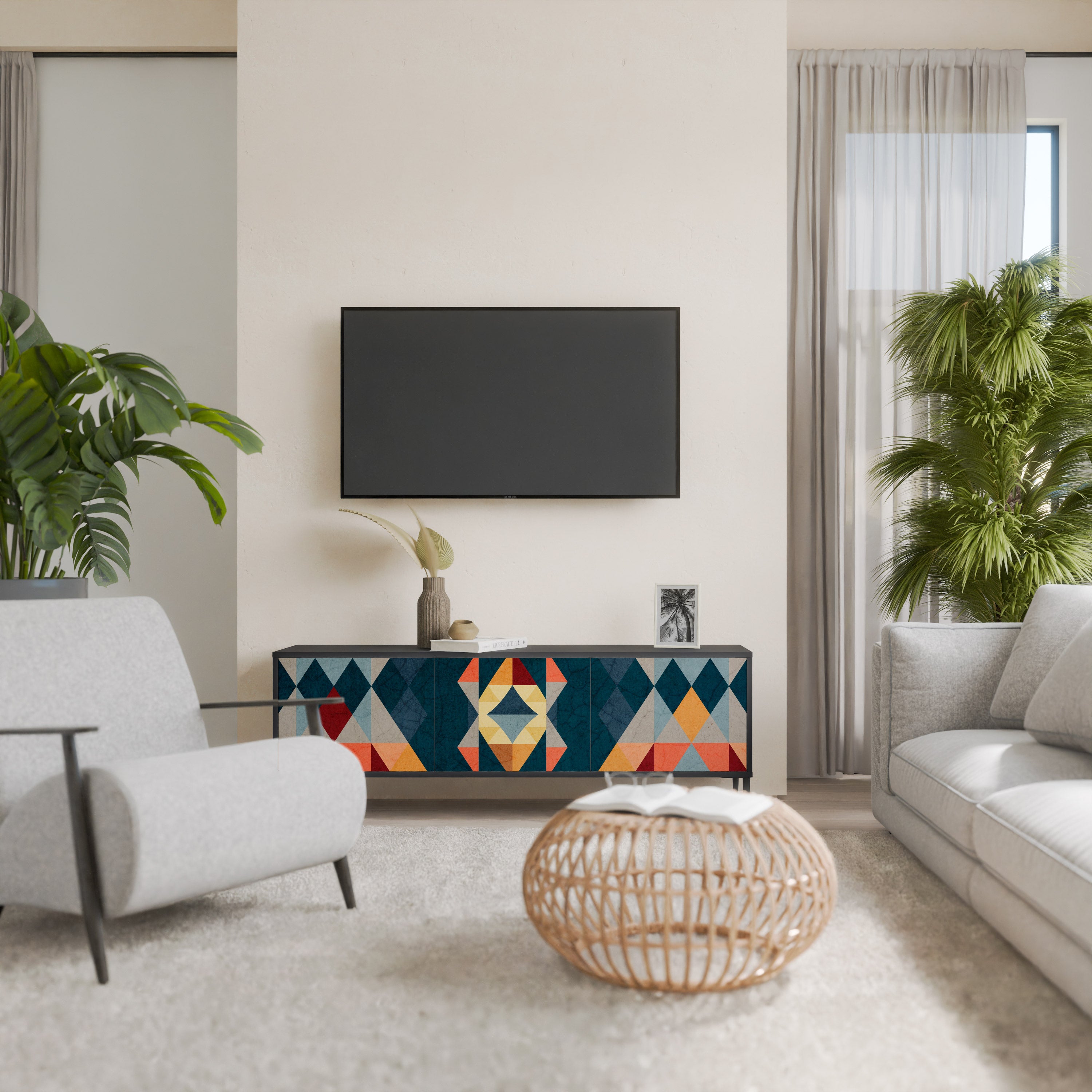 Mueble de TV de 3 puertas CRACKED ILLUSION con acabado negro