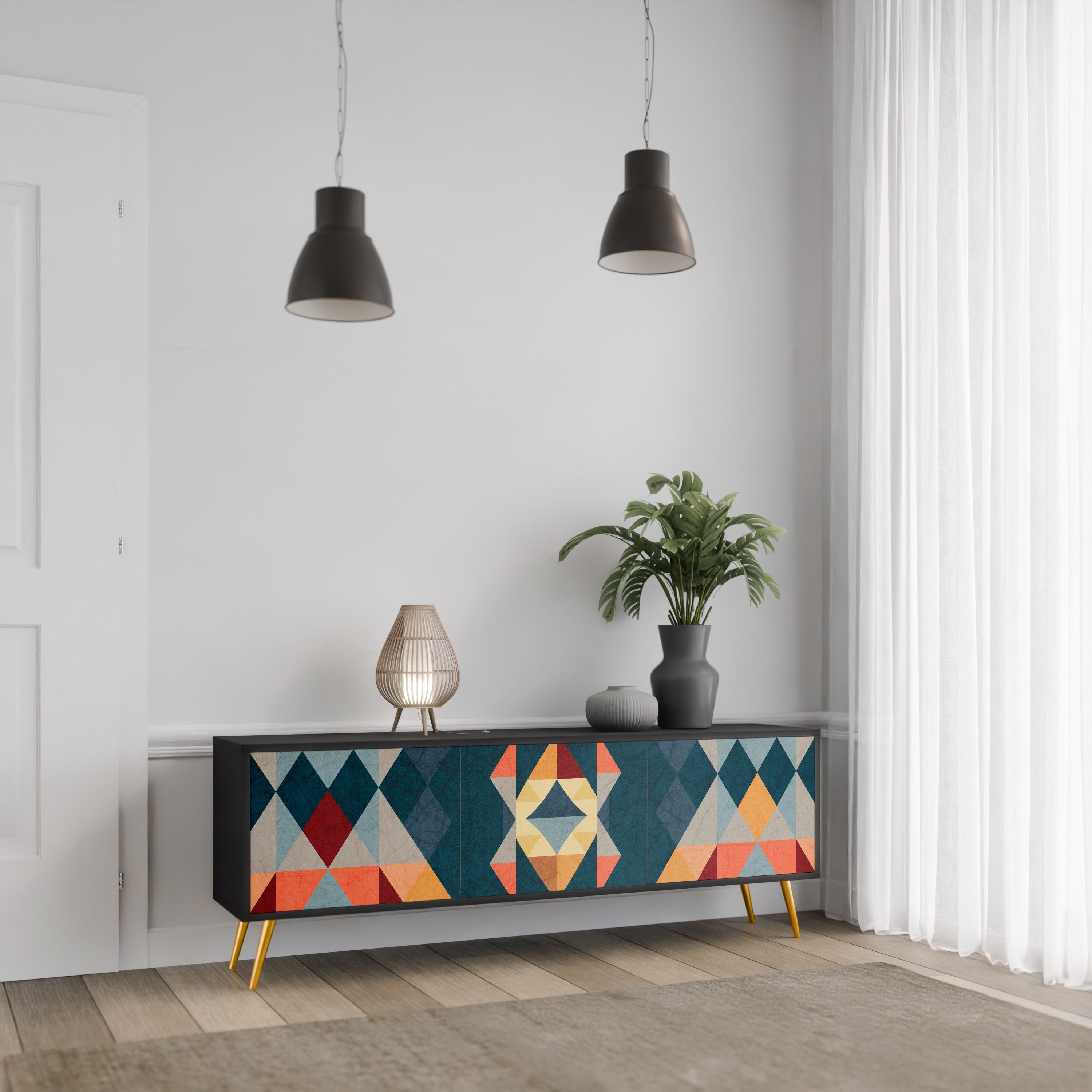 Mueble de TV de 3 puertas CRACKED ILLUSION con acabado negro