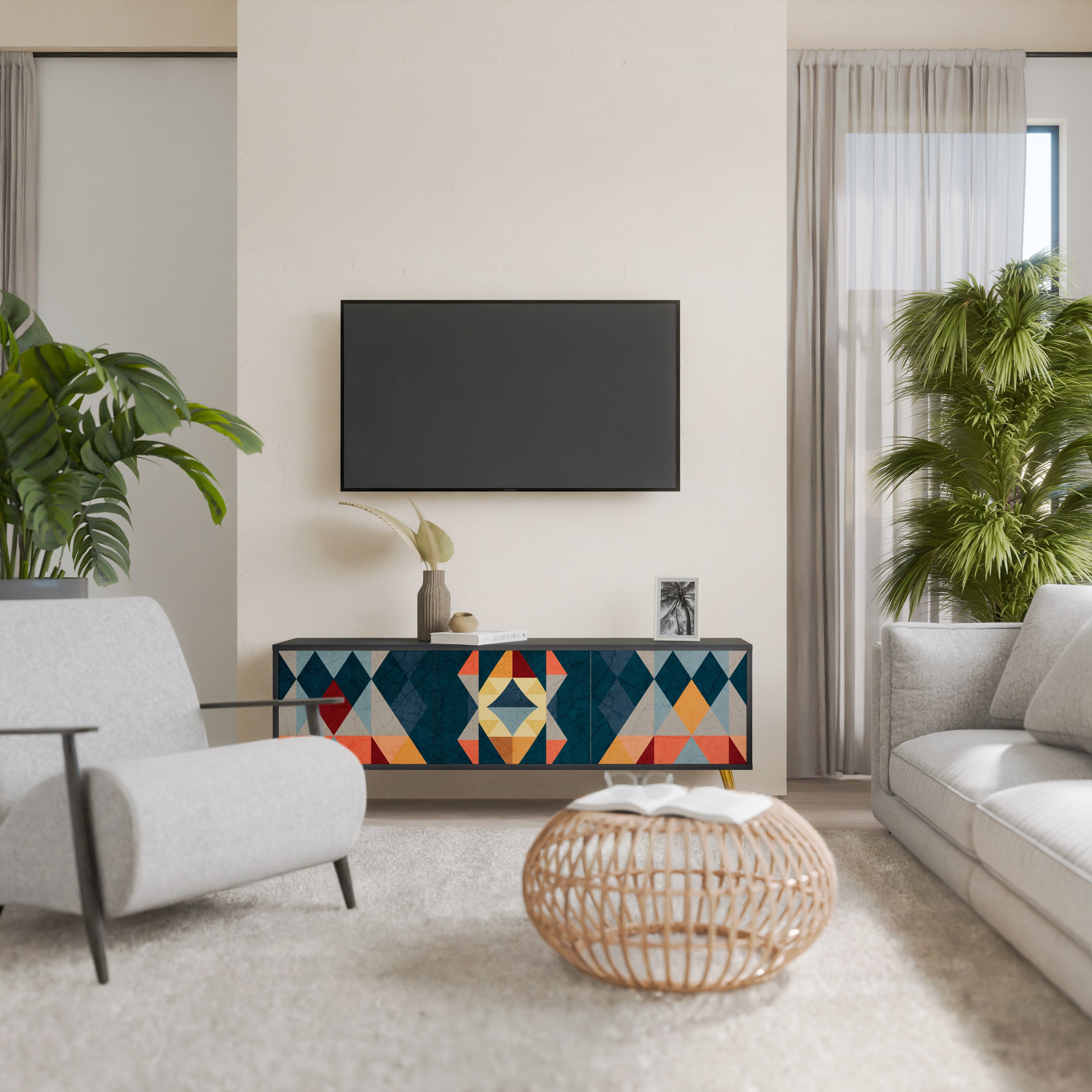 Mueble de TV de 3 puertas CRACKED ILLUSION con acabado negro