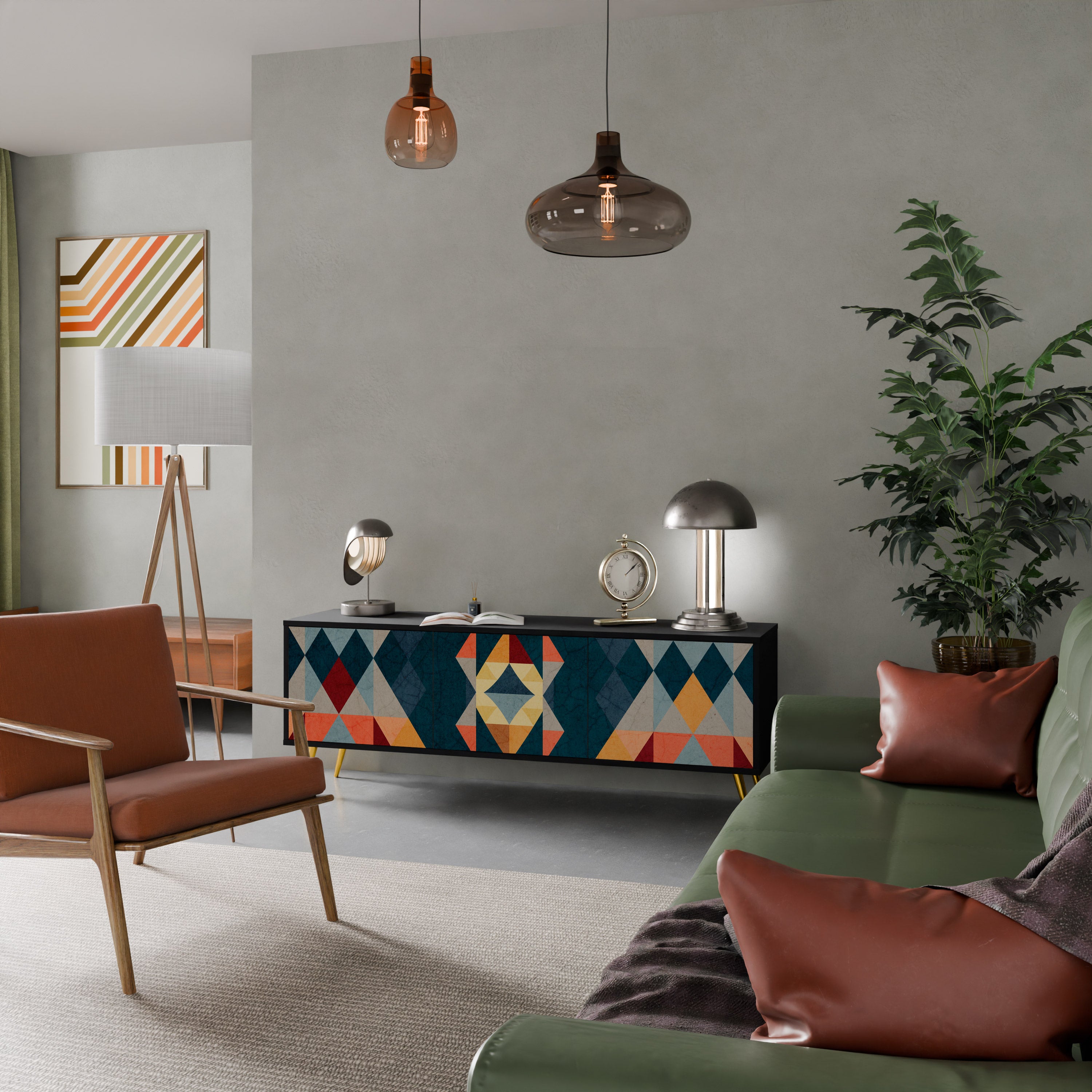 Mueble de TV de 3 puertas CRACKED ILLUSION con acabado negro