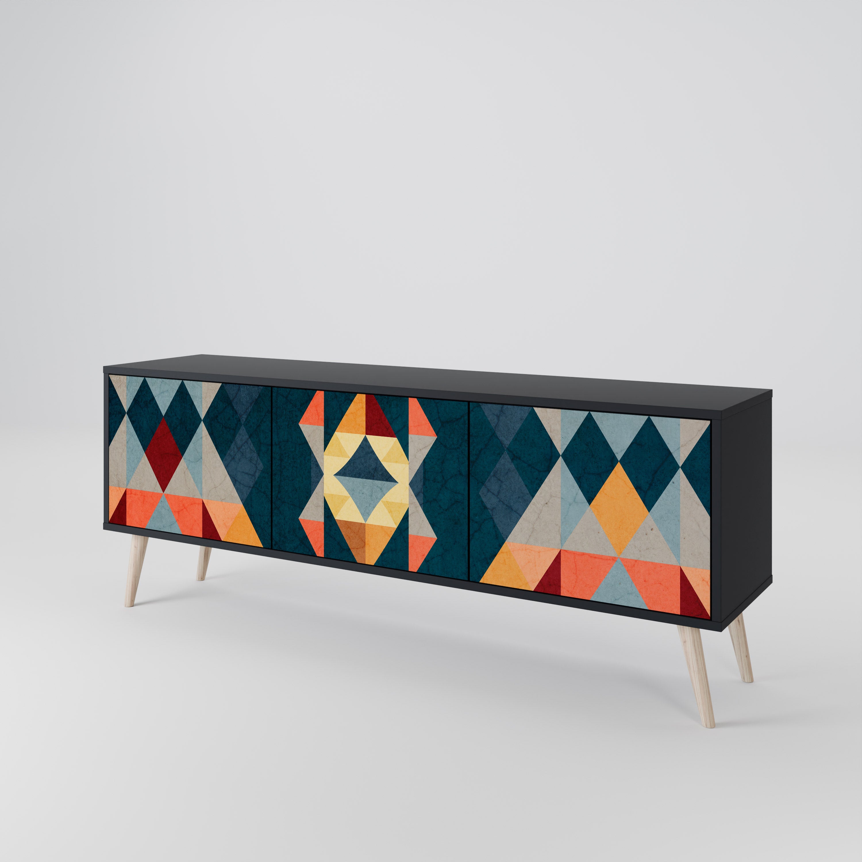 Mueble de TV de 3 puertas CRACKED ILLUSION con acabado negro